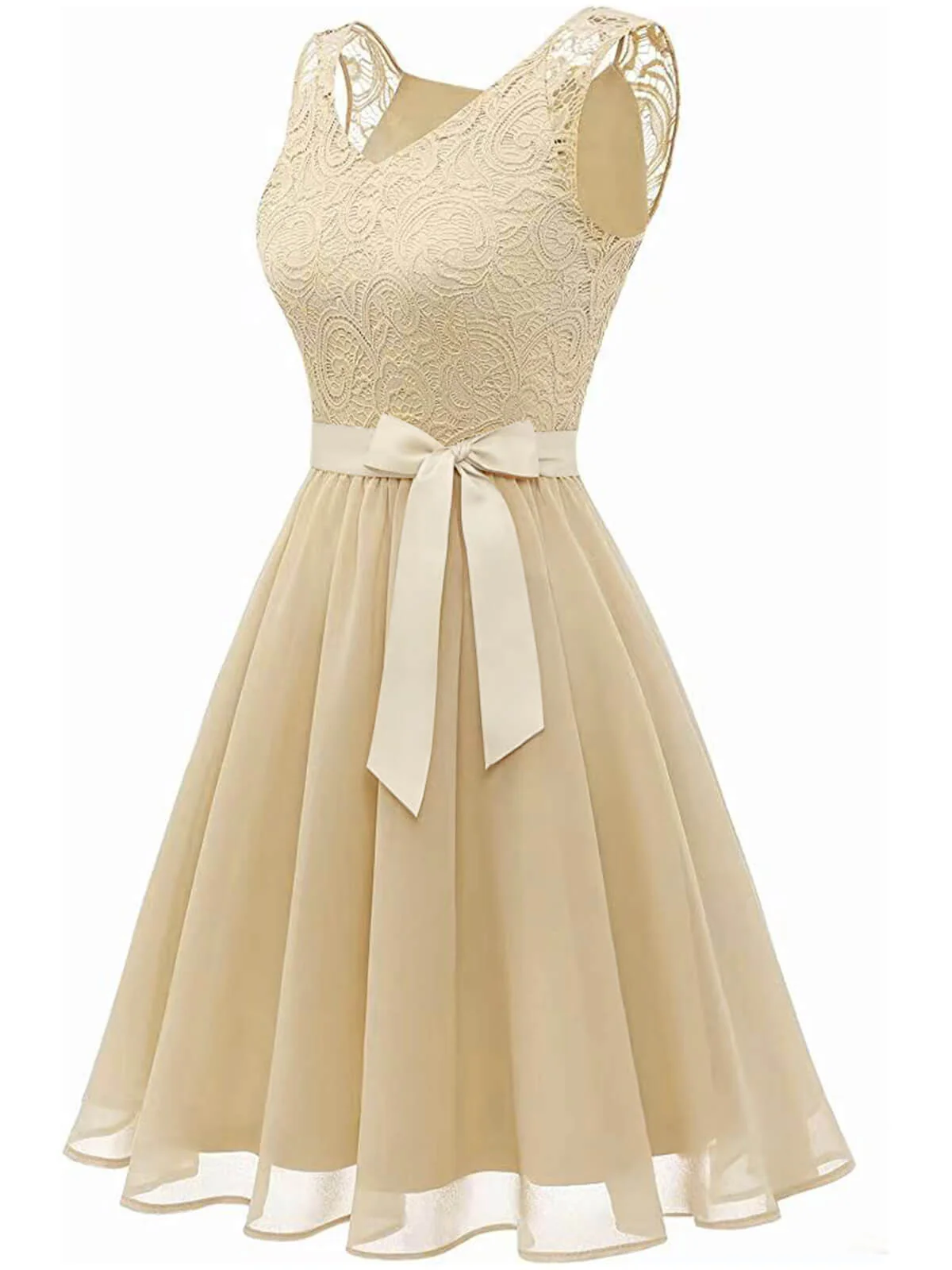 Robe beige patchwork en mousseline de soie et dentelle - Image 2