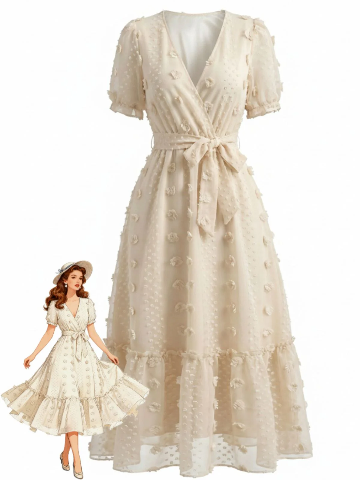 Robe beige pois et motifs floraux relief décolleté cache-cœur et ceinture années 70