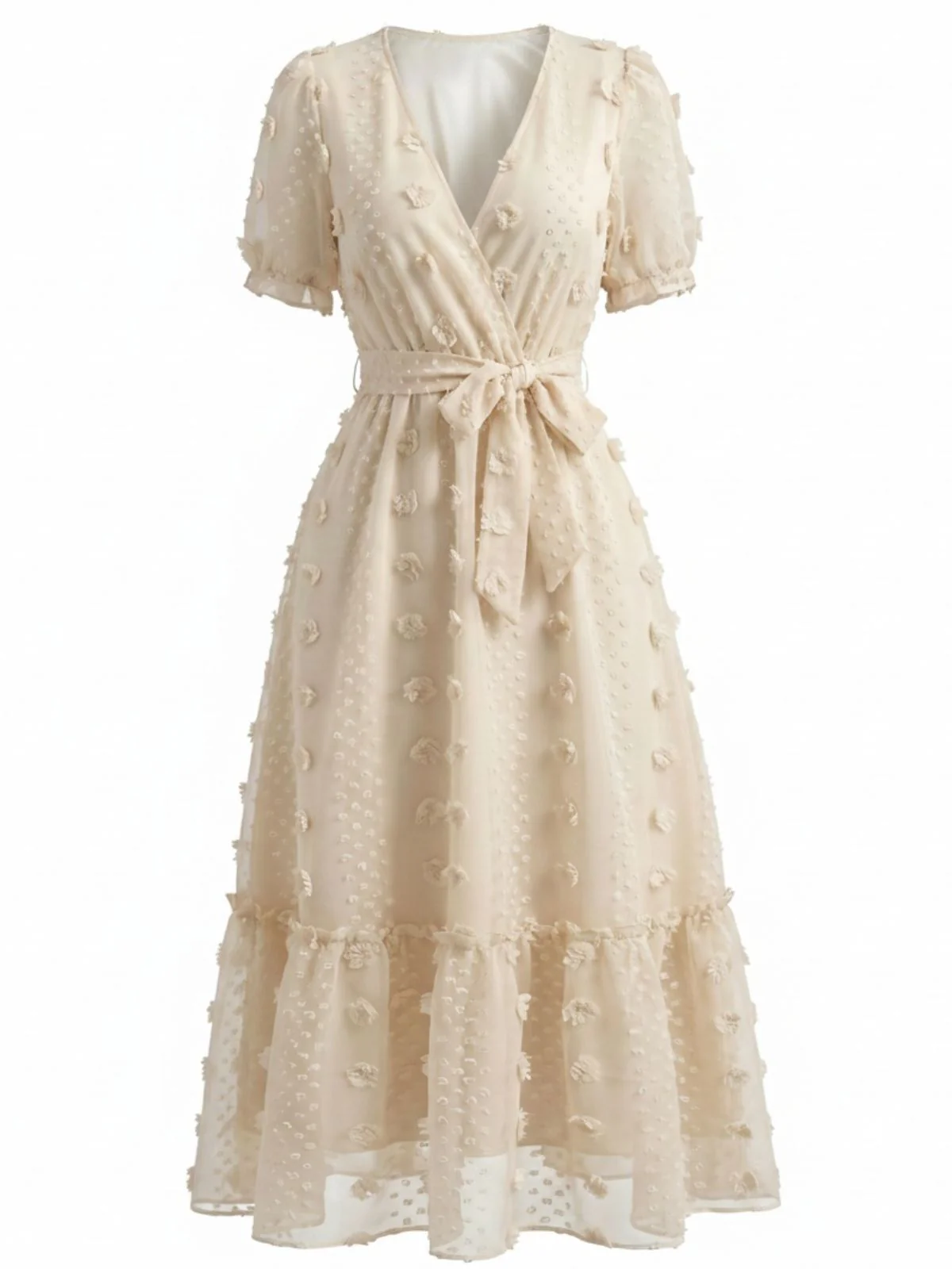 Robe beige pois et motifs floraux relief décolleté cache-cœur et ceinture années 70 - Image 2