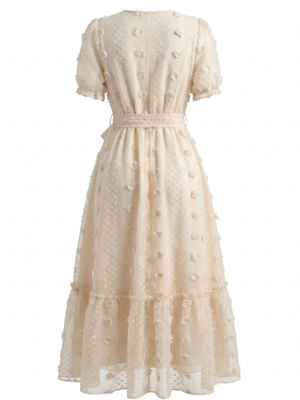 Robe beige pois et motifs floraux relief décolleté cache-cœur et ceinture années 70 - Image 3