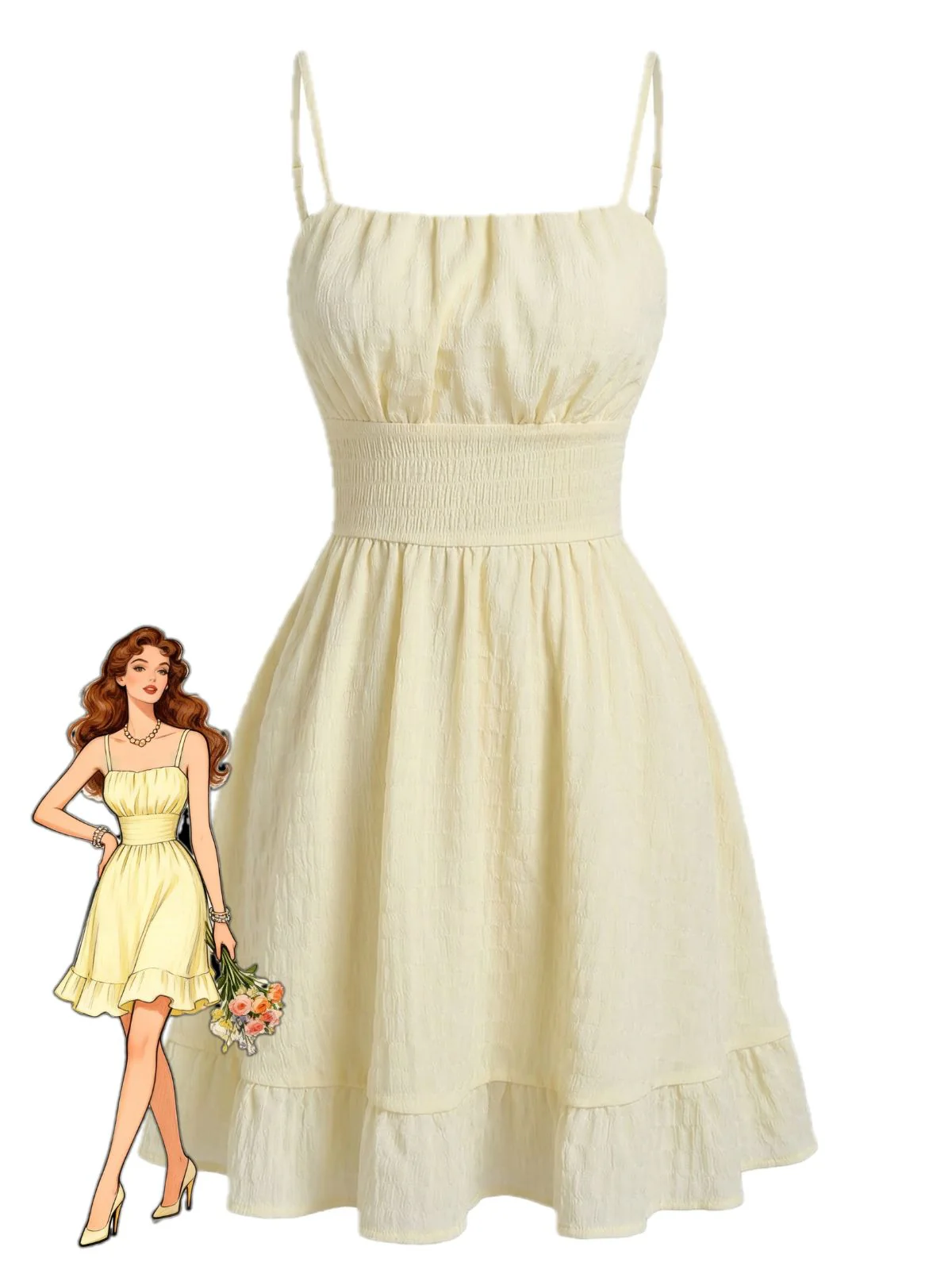 Robe beige texturée froncée et à fines bretelles années 60