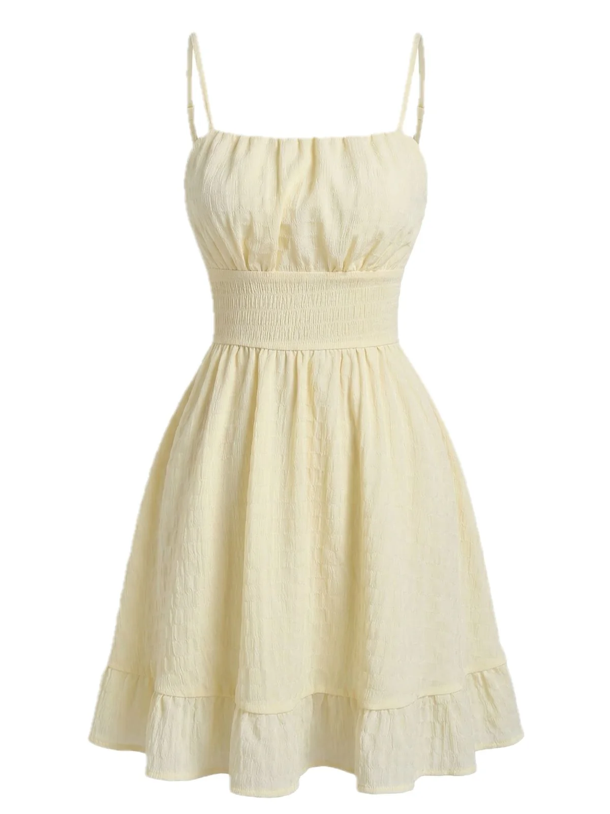 Robe beige texturée froncée et à fines bretelles années 60 - Image 2