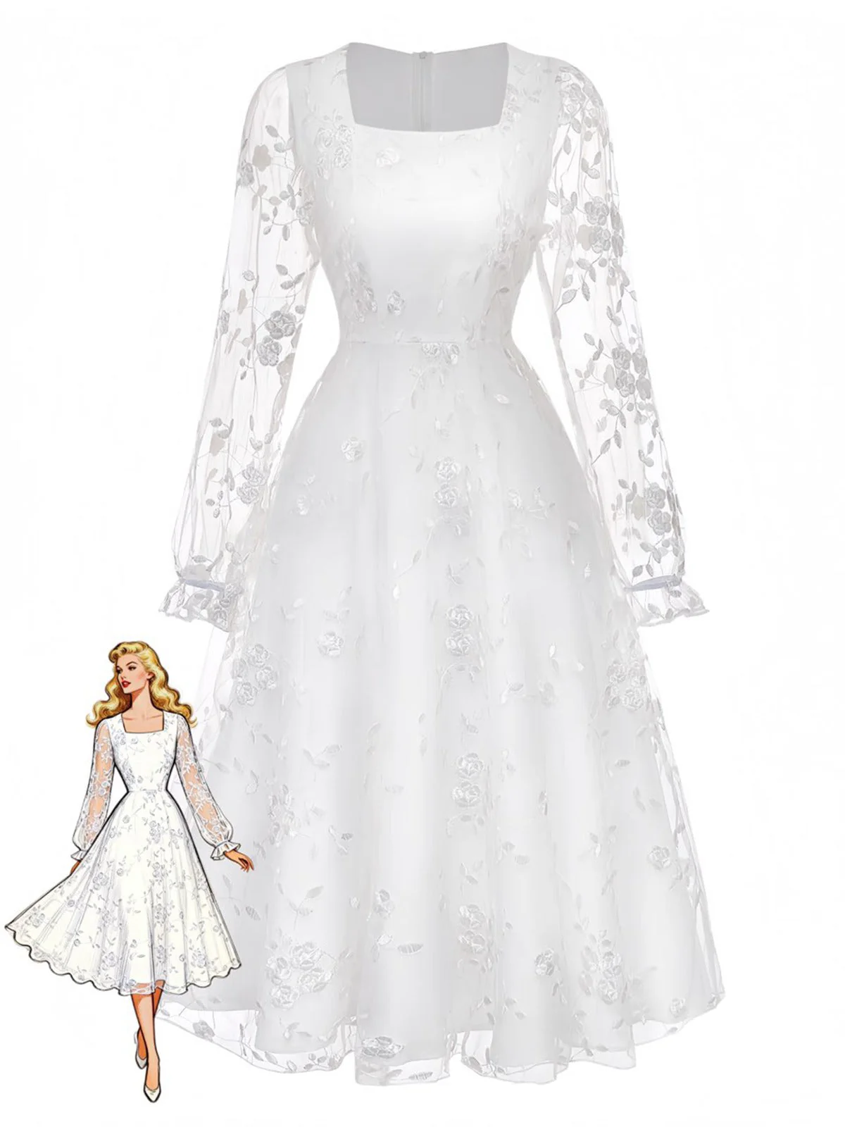 Robe blanche col carré dentelle brodée florale années 1950