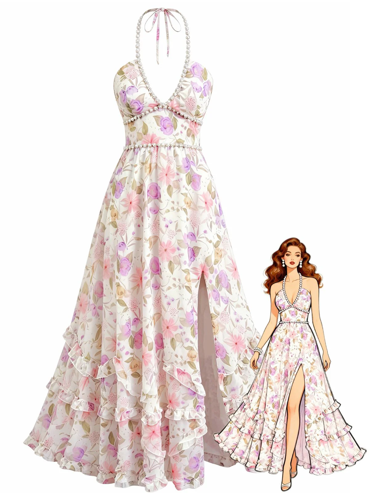 Robe Blanche Dos-Nu Florale Multicolore Années 1930 - Image 3