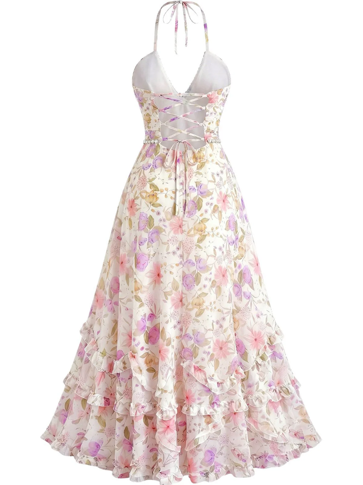 Robe Blanche Dos-Nu Florale Multicolore Années 1930 - Image 5