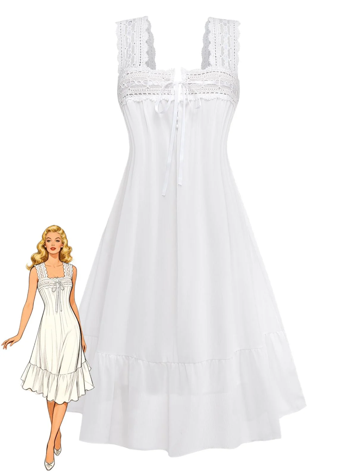 Robe blanche empiècements dentelle unie et nœud sur le devant années 1940