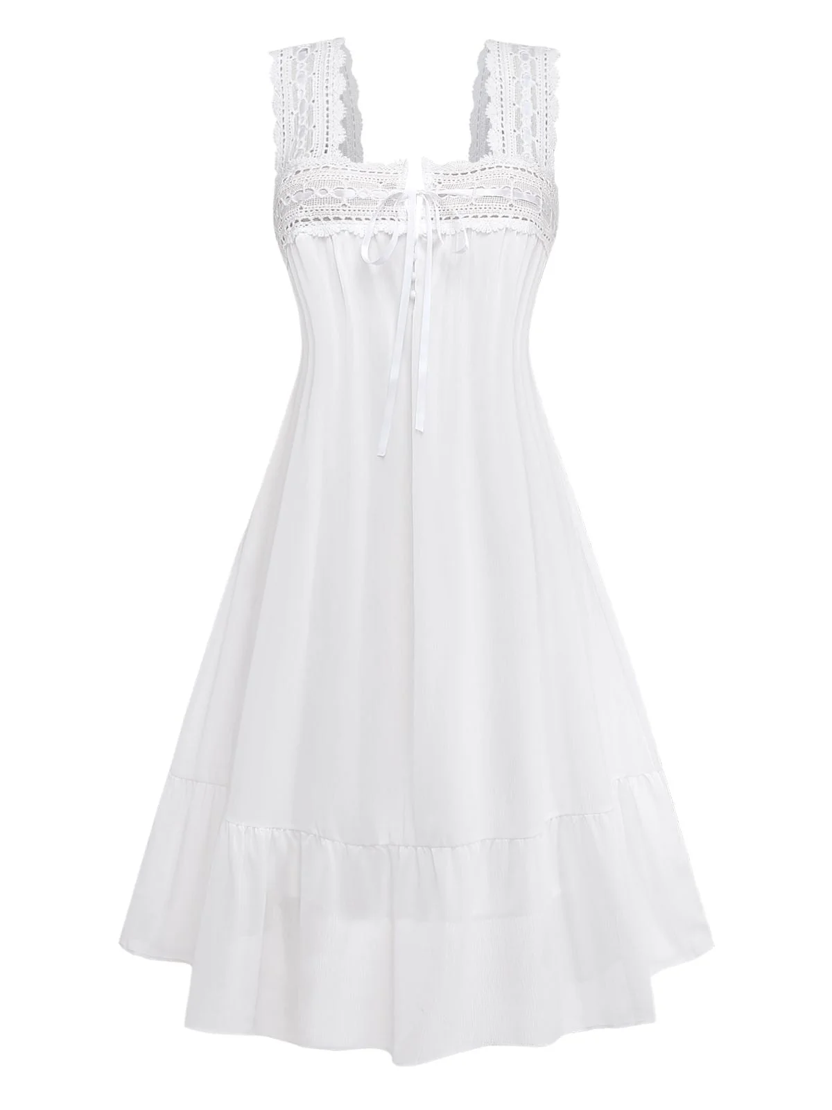 Robe blanche empiècements dentelle unie et nœud sur le devant années 1940 - Image 2