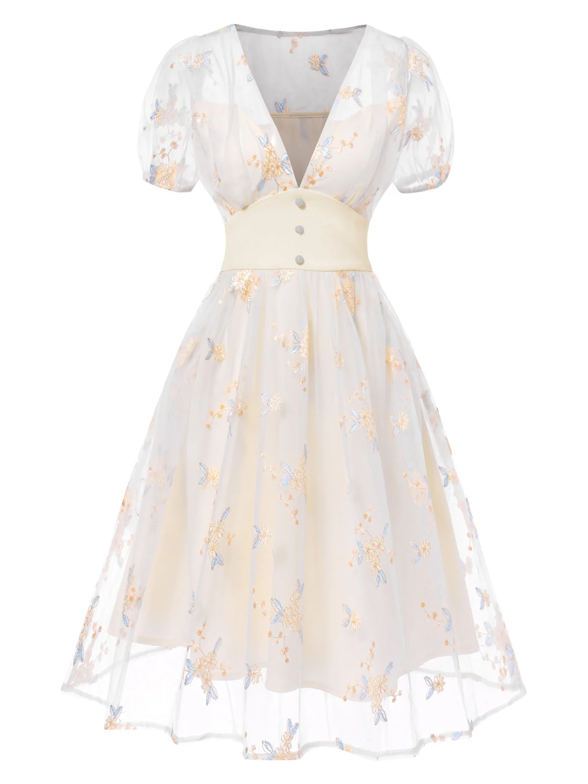 Robe blanche à fleurs brodées col V profond années 1950 - Image 3