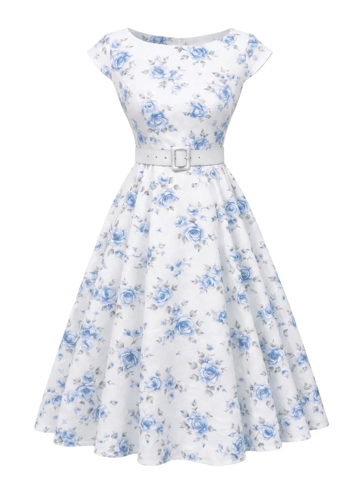 Robe Blanche Imprimé Roses Ceinturée années 1950