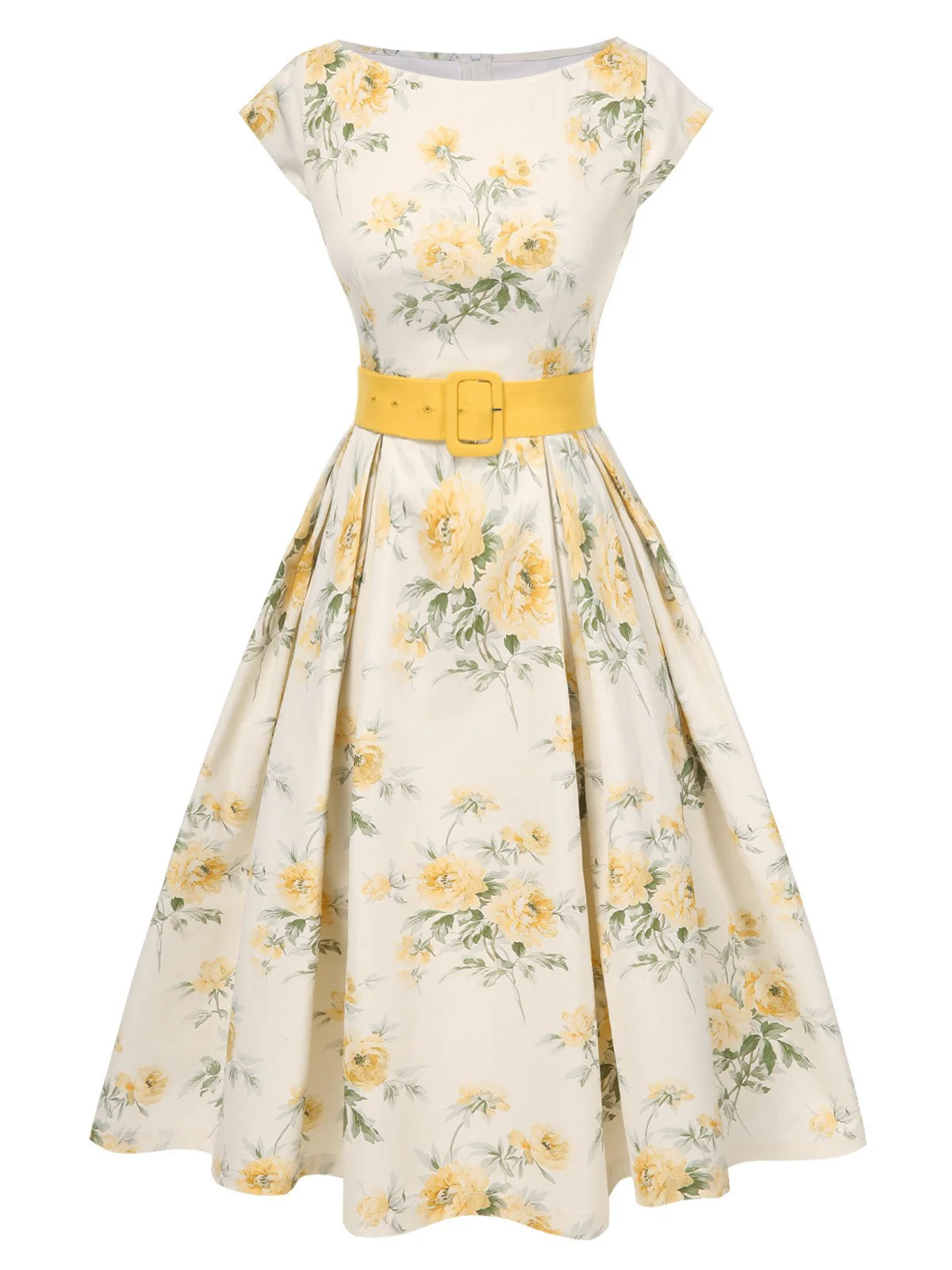 Robe jaune à fleurs antique col bateau ceinturée années 1950 - Image 4