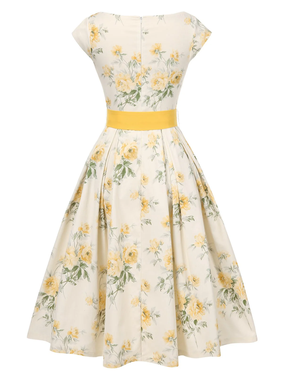 Robe jaune à fleurs antique col bateau ceinturée années 1950 - Image 6