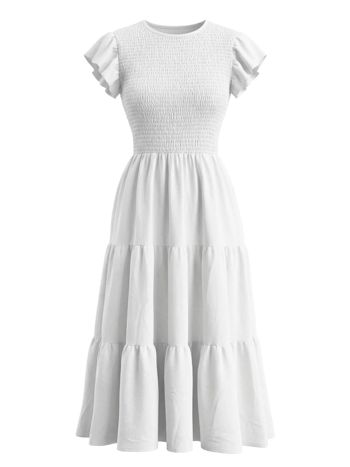 Robe blanche unie manches papillon étages et smockée années 1940 - Image 2