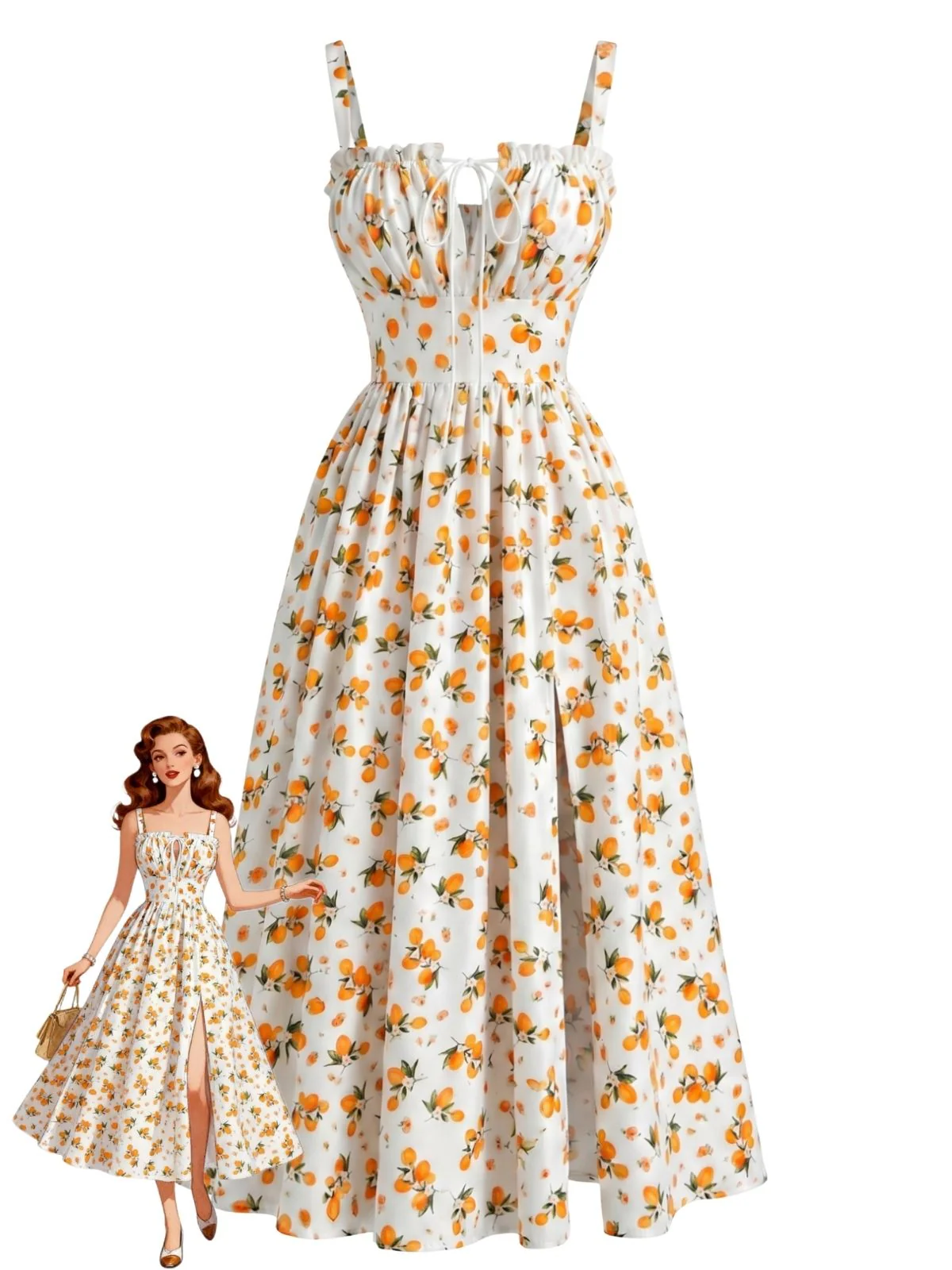 Robe Midi Bretelles Fines Oranges Fente Latérale Années 40