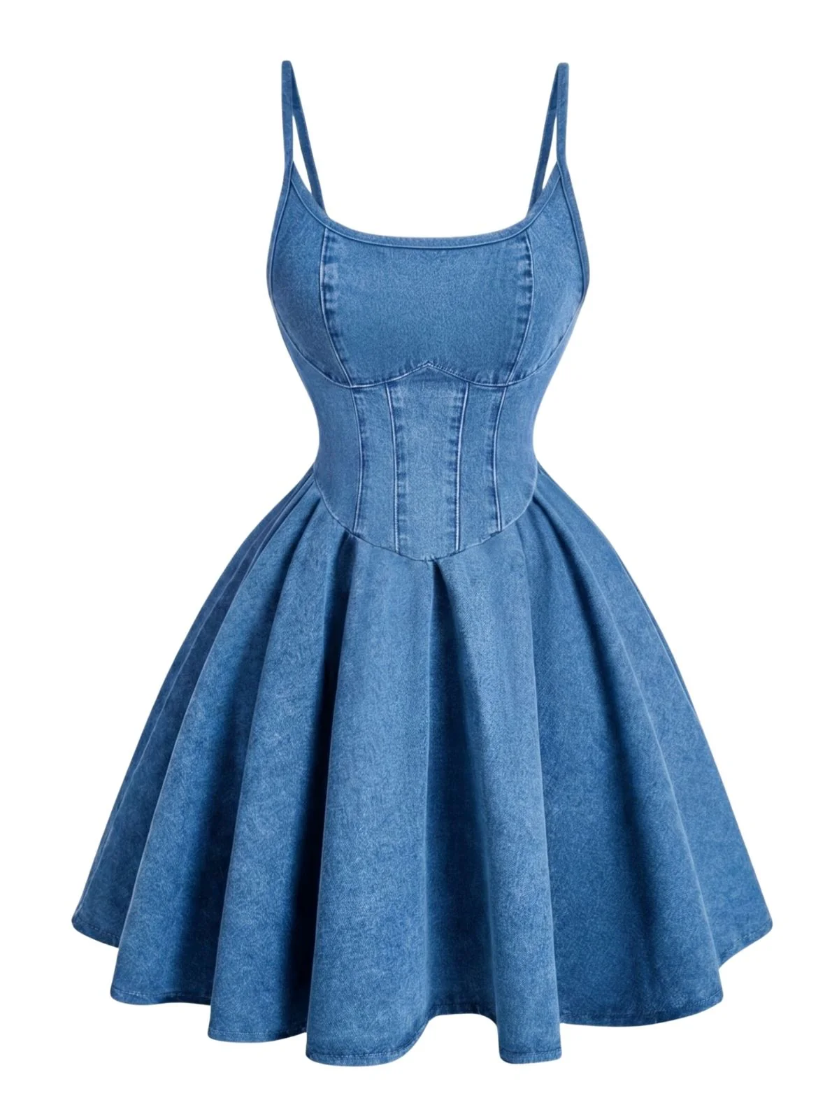 Robe Bleu Bretelles Fines Corset Denim Années 1950 - Image 6