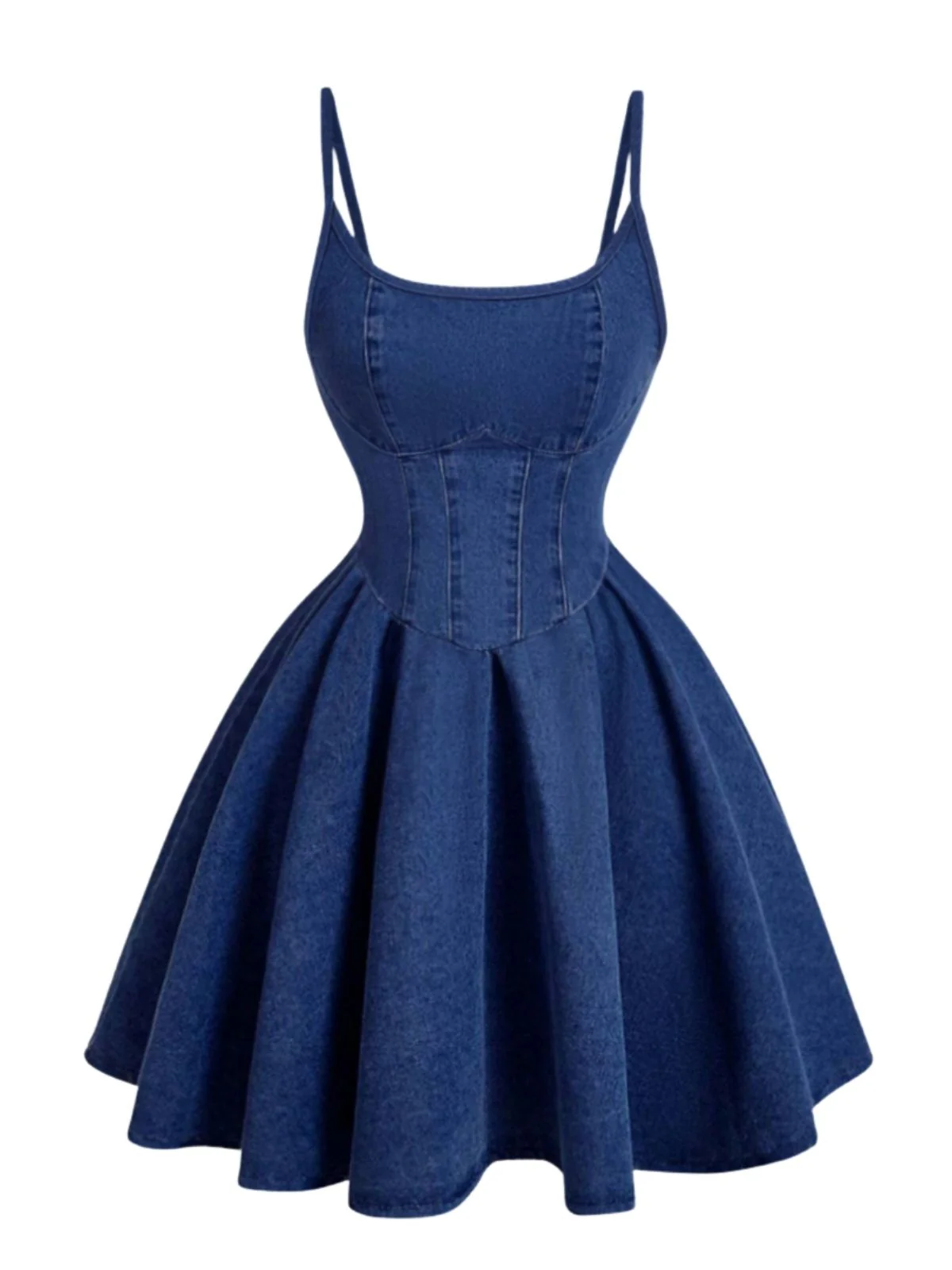 Robe Bleu Bretelles Fines Corset Denim Années 1950 - Image 2