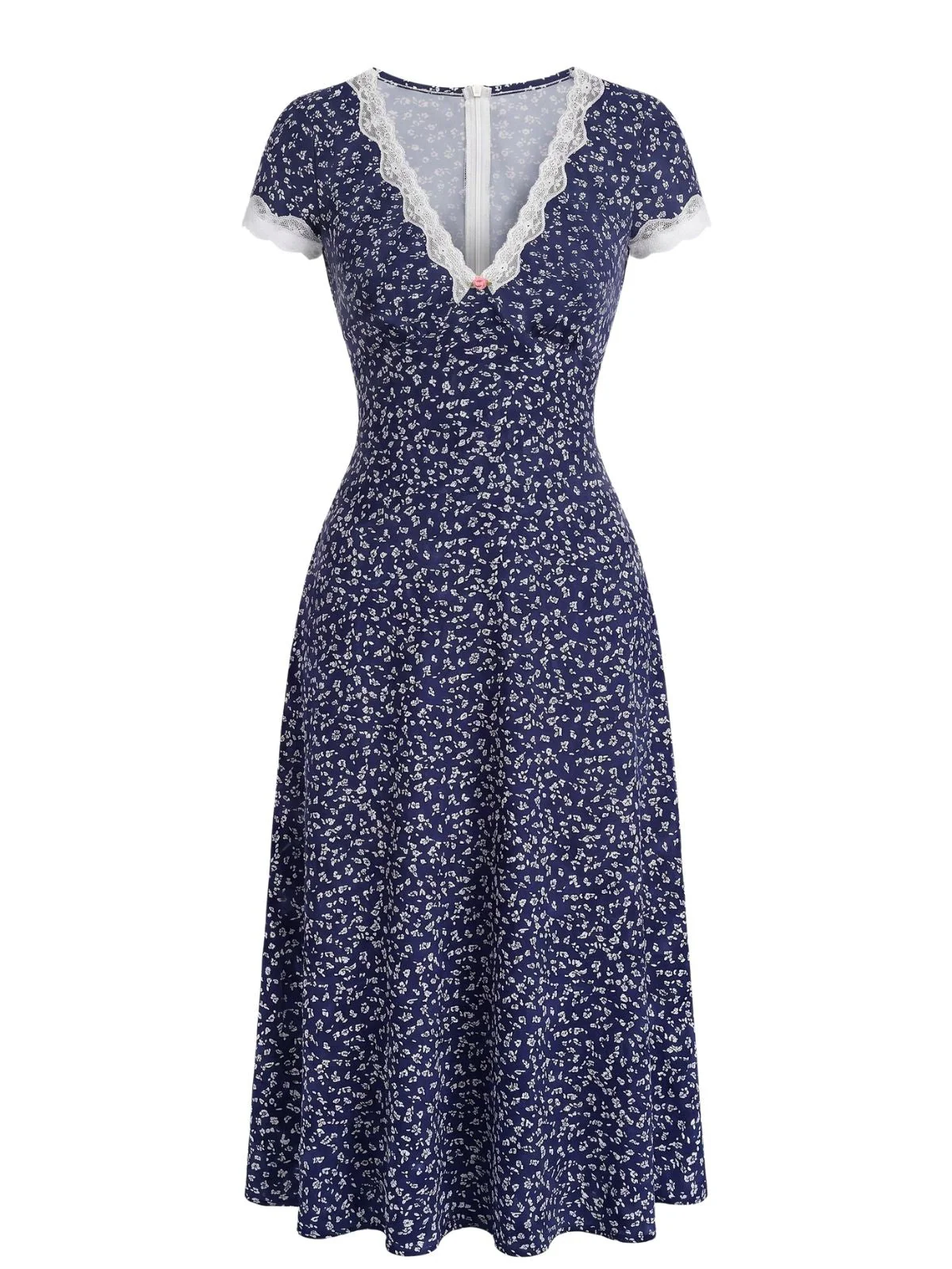 Robe bleu foncé dentelle florale et col V années 1940