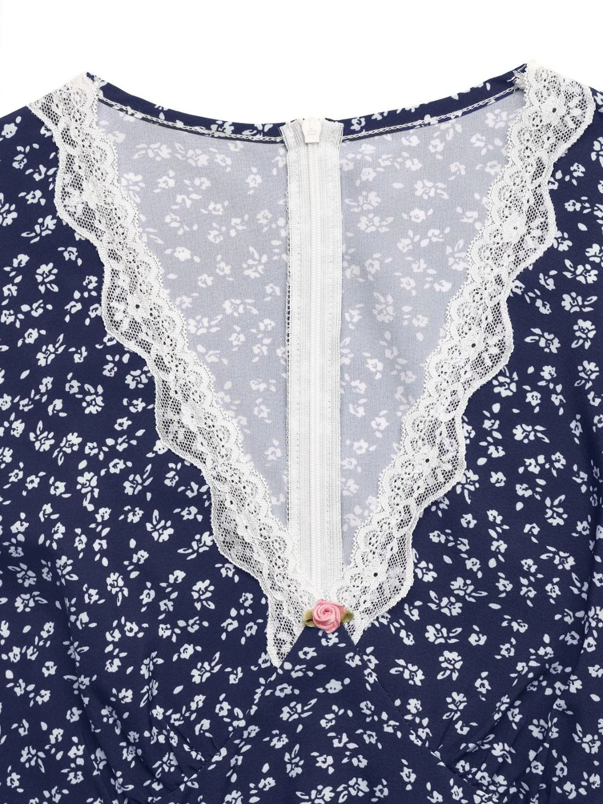 Robe bleu foncé dentelle florale et col V années 1940 - Image 3