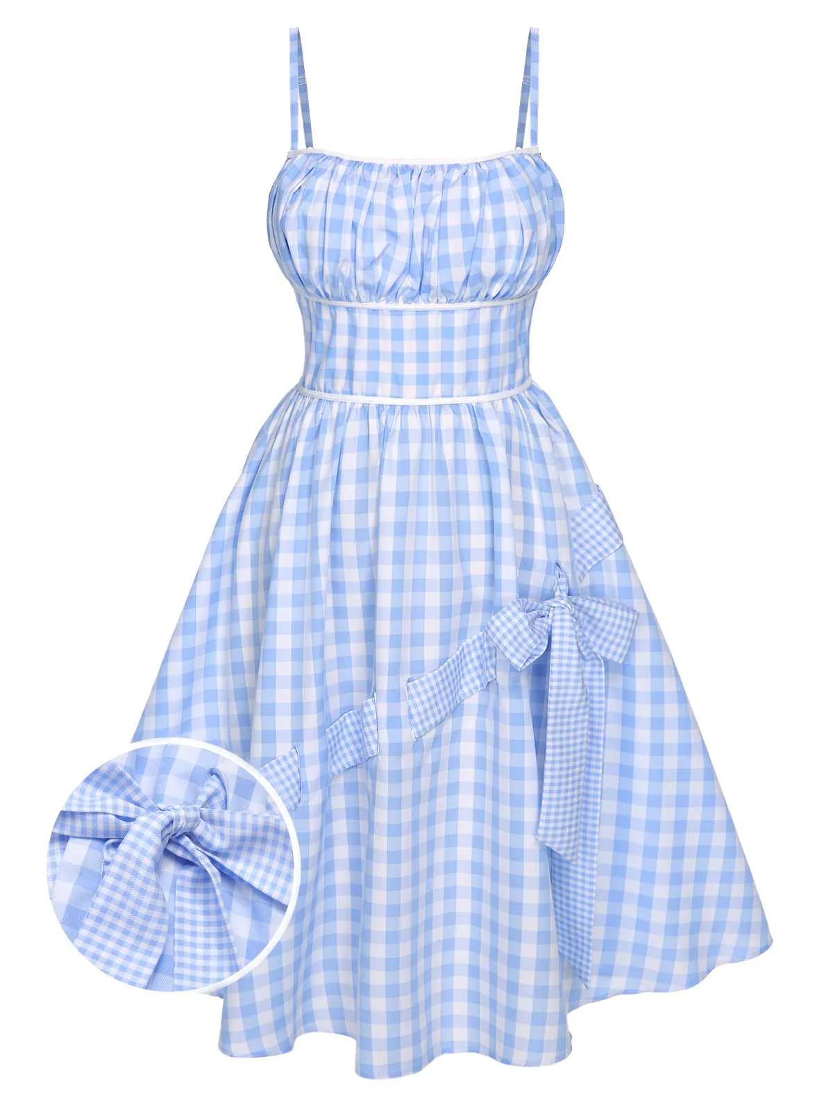 Robe bleue à bretelles spaghetti et nœud à carreaux des années 50 - Image 4