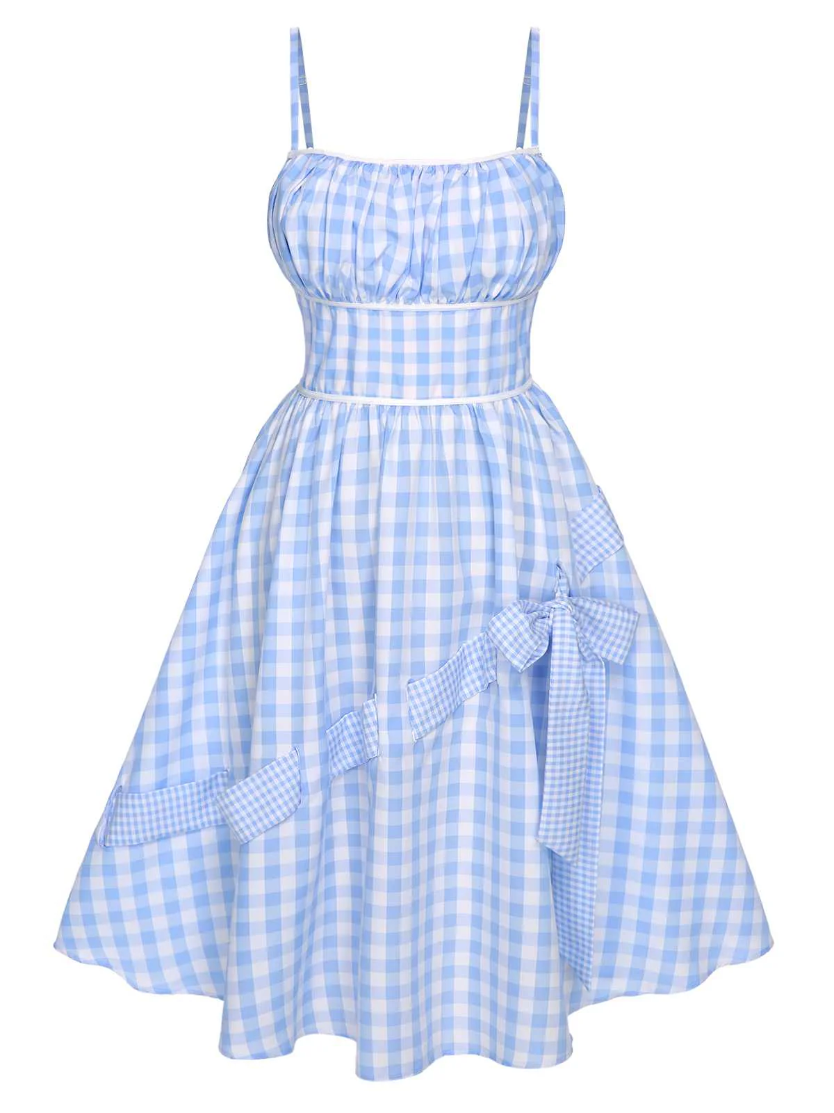 Robe bleue à bretelles spaghetti et nœud à carreaux des années 50 - Image 5