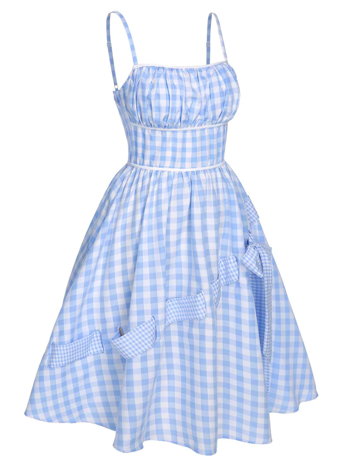 Robe bleue à bretelles spaghetti et nœud à carreaux des années 50 - Image 6