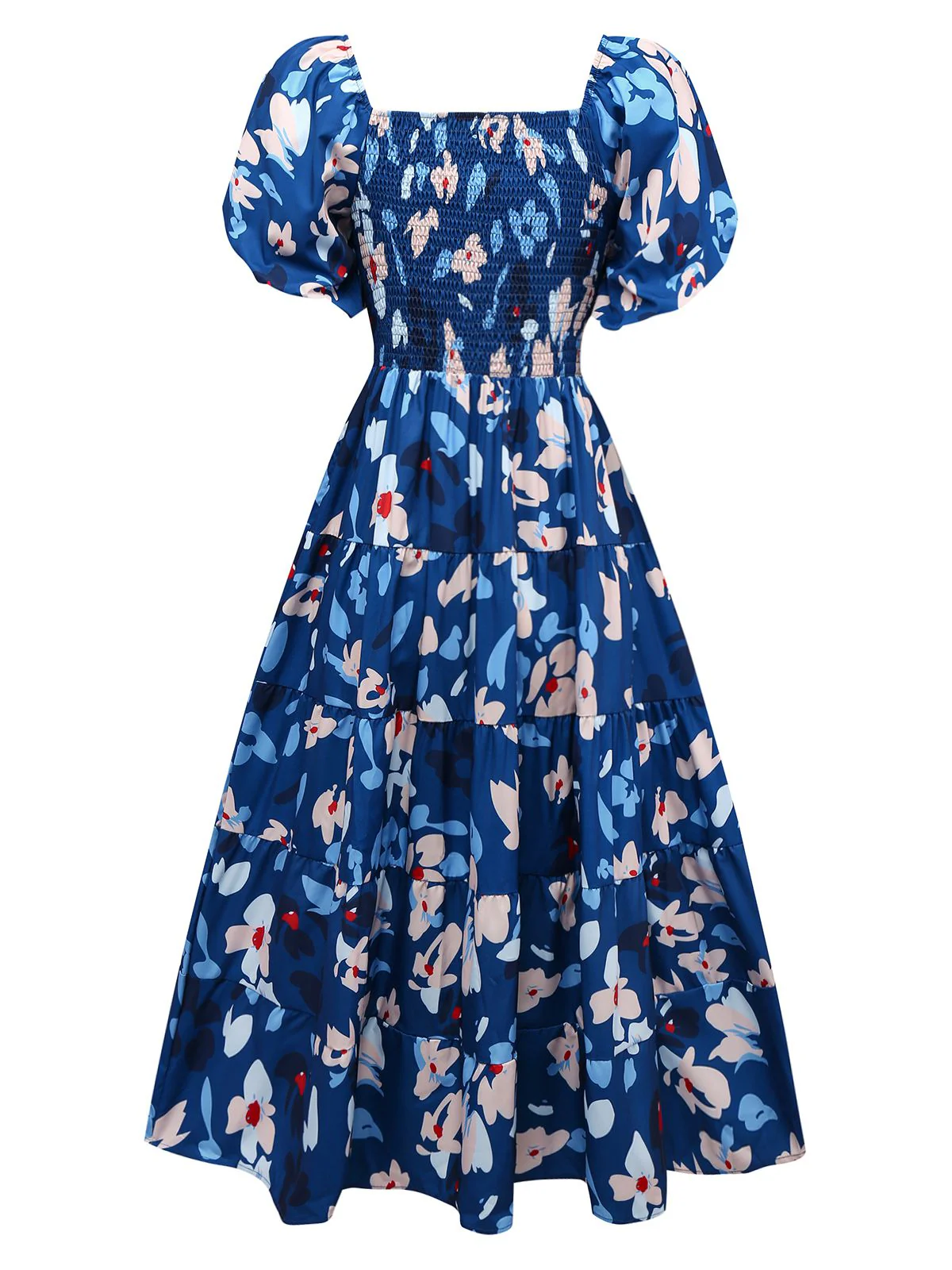 Robe bleue à fleurs manches bouffantes épaules dénudées années 1940 - Image 2