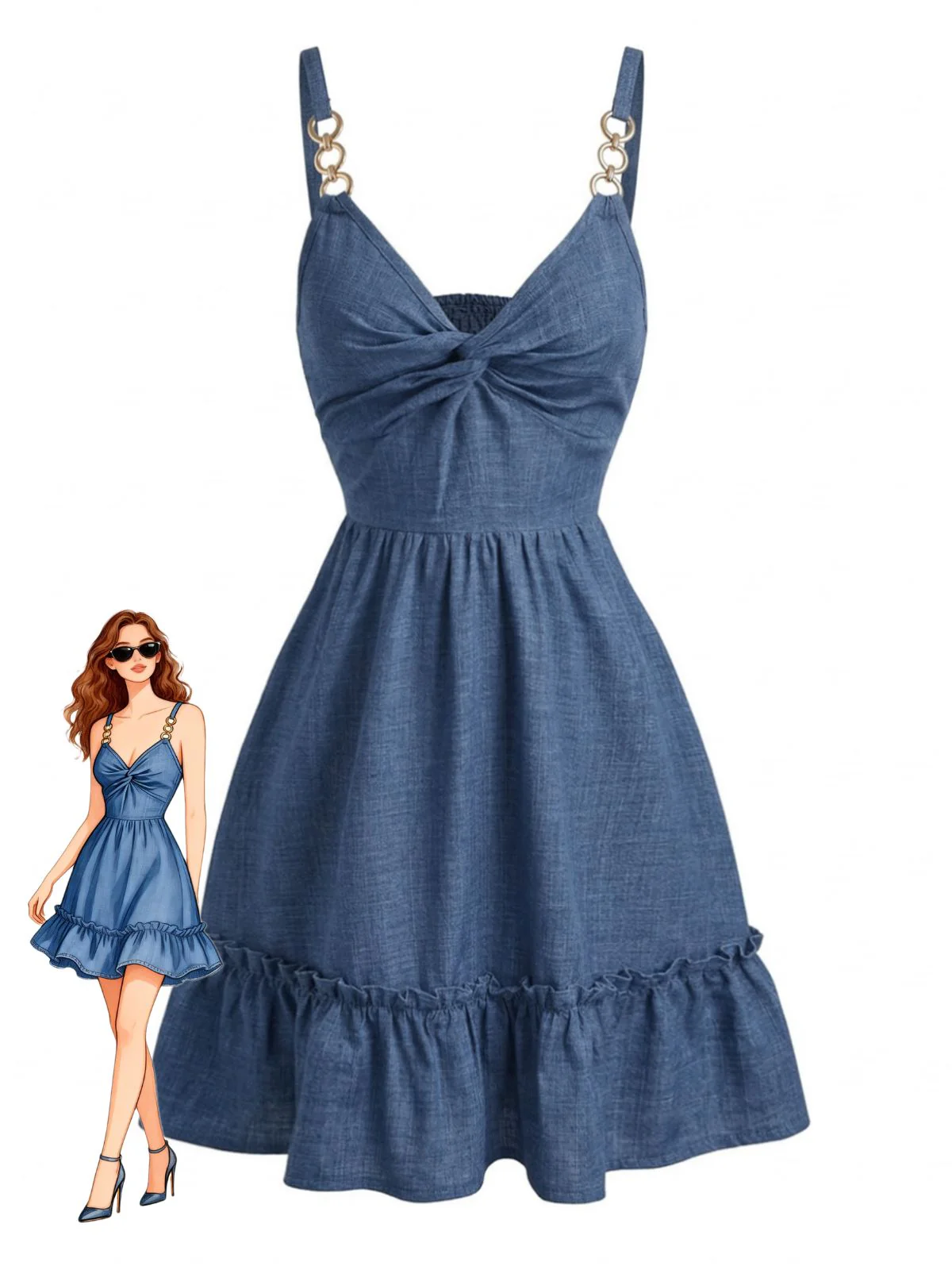 Robe Bleue Bretelles Fines Nœud Volantée Années 60