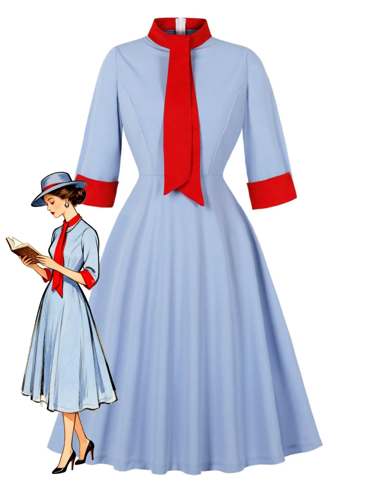 Robe bleue col montant et nœud contrastant années 1950