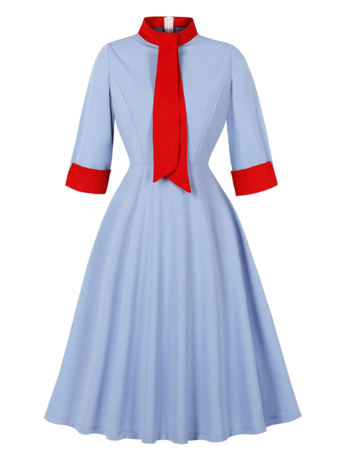 Robe bleue col montant et nœud contrastant années 1950 - Image 2