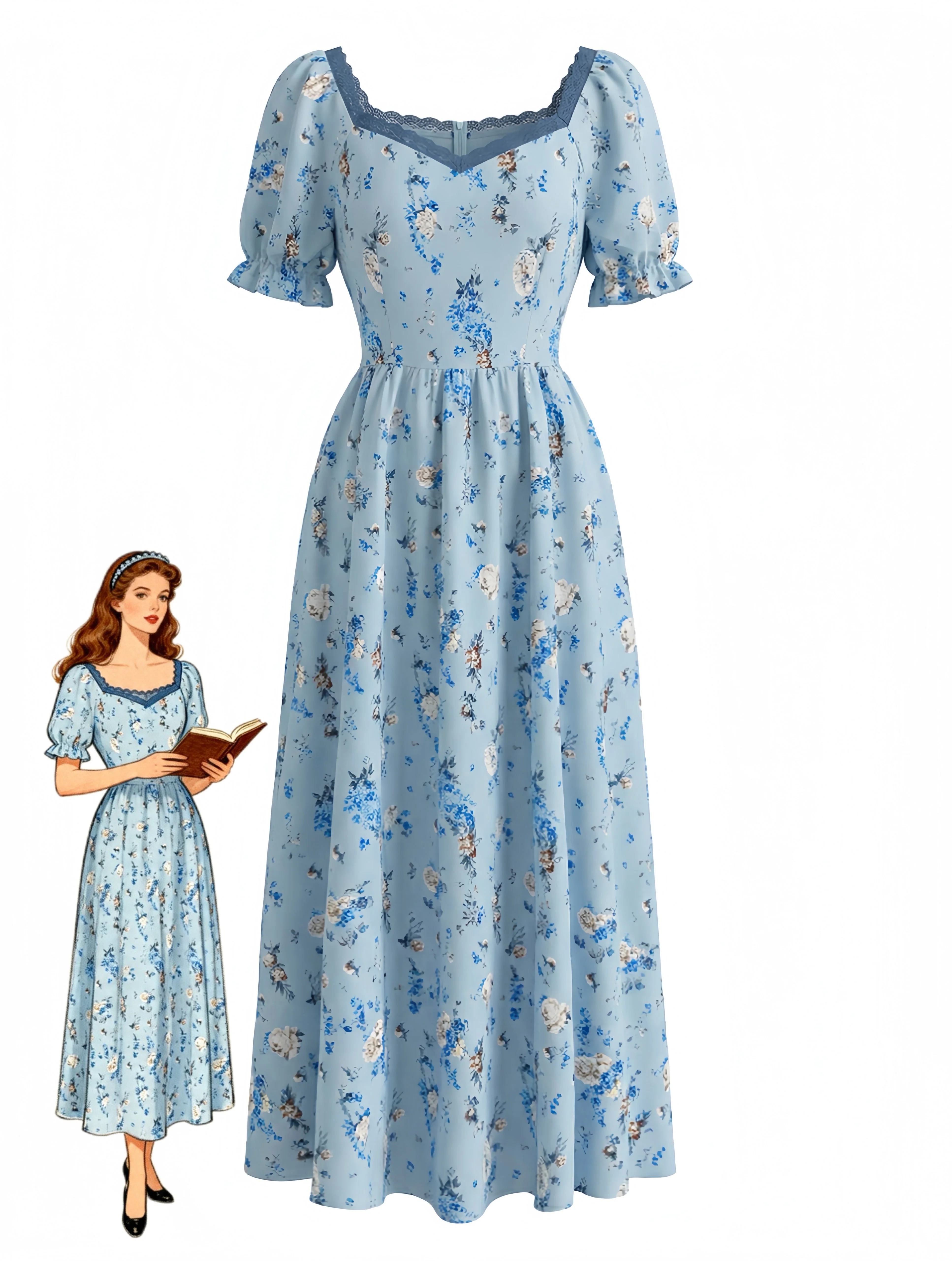 Robe bleue col V et motif floral délicat années 40