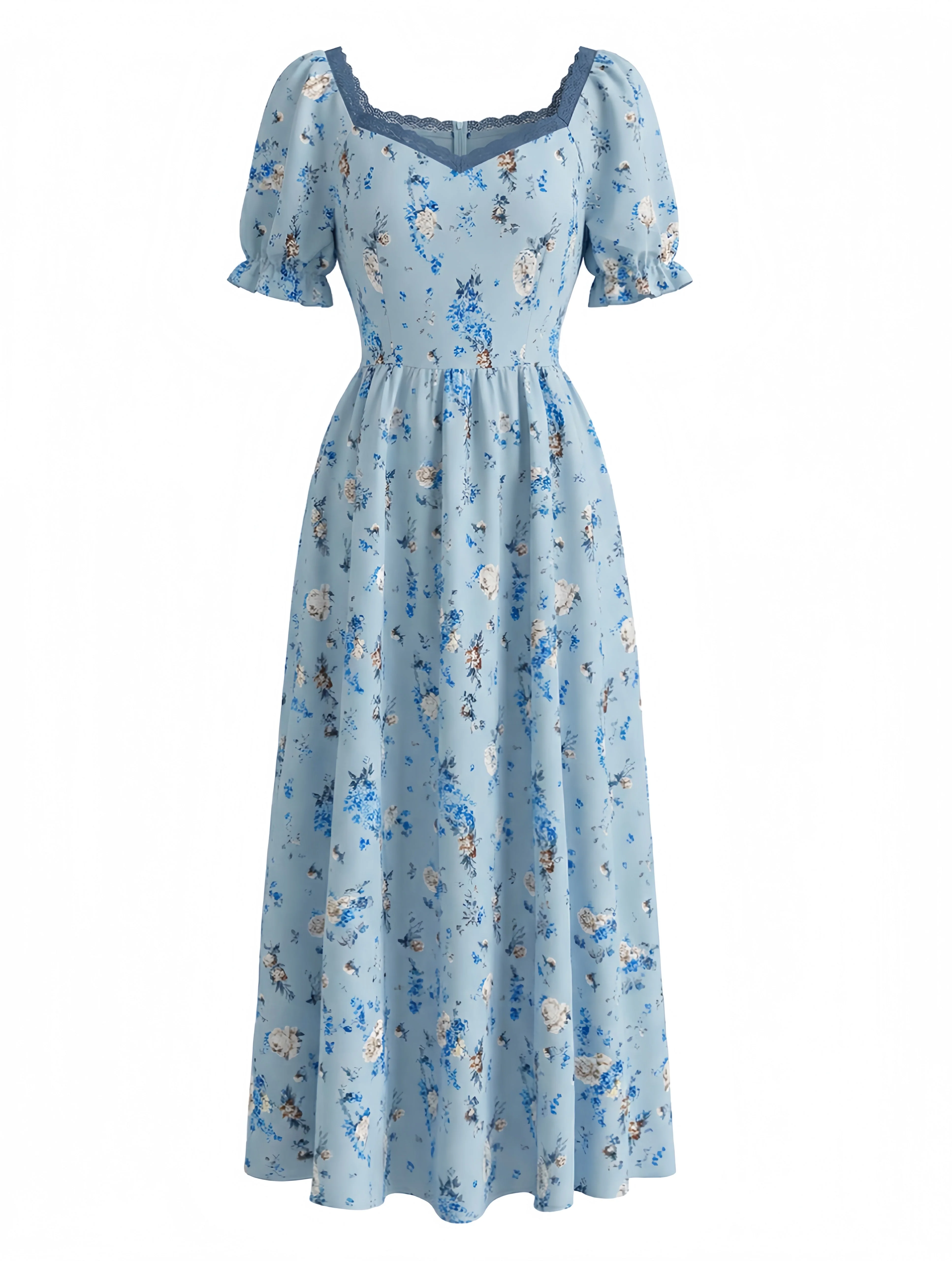 Robe bleue col V et motif floral délicat années 40 - Image 2