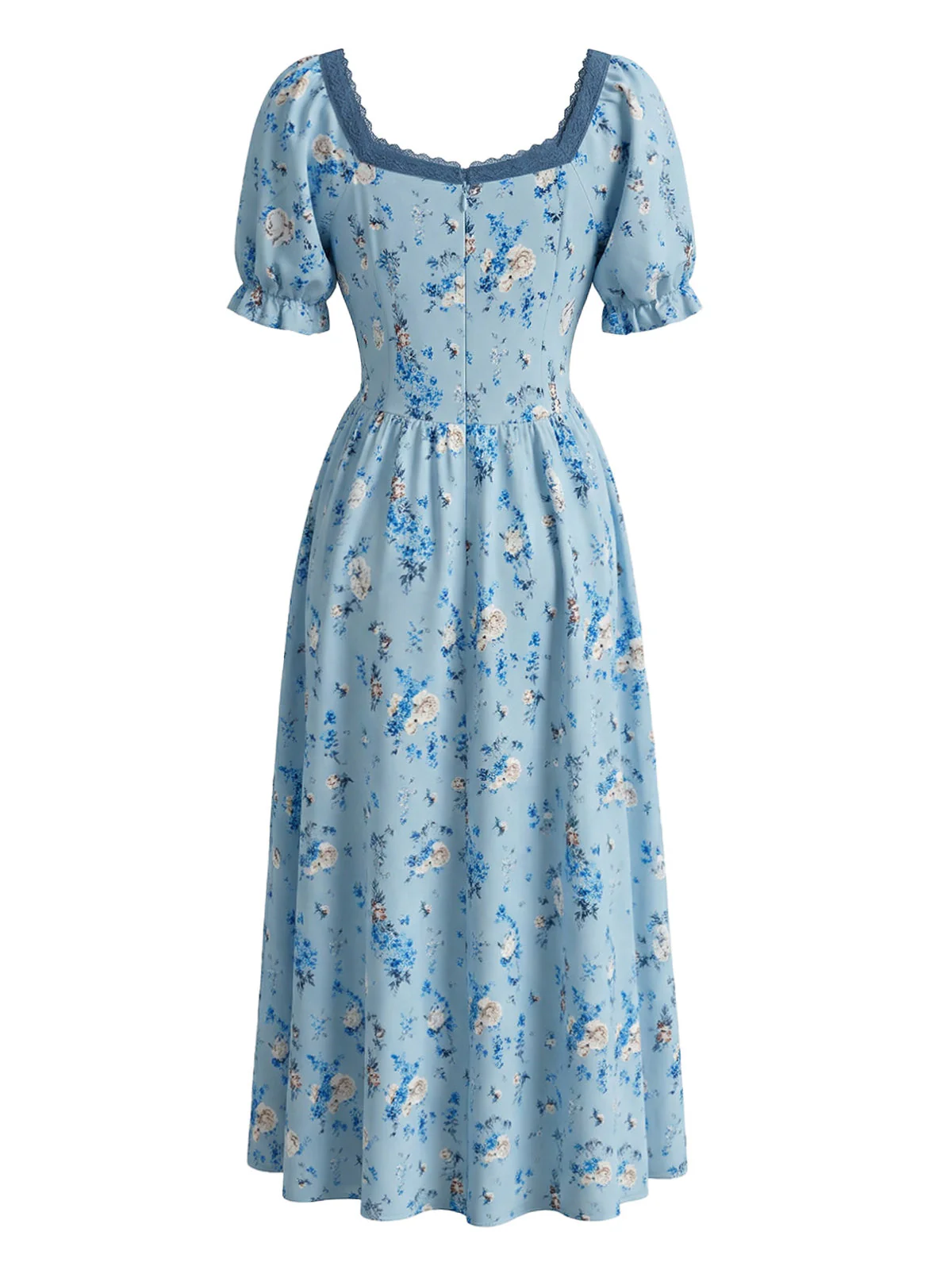 Robe bleue col V et motif floral délicat années 40 - Image 3
