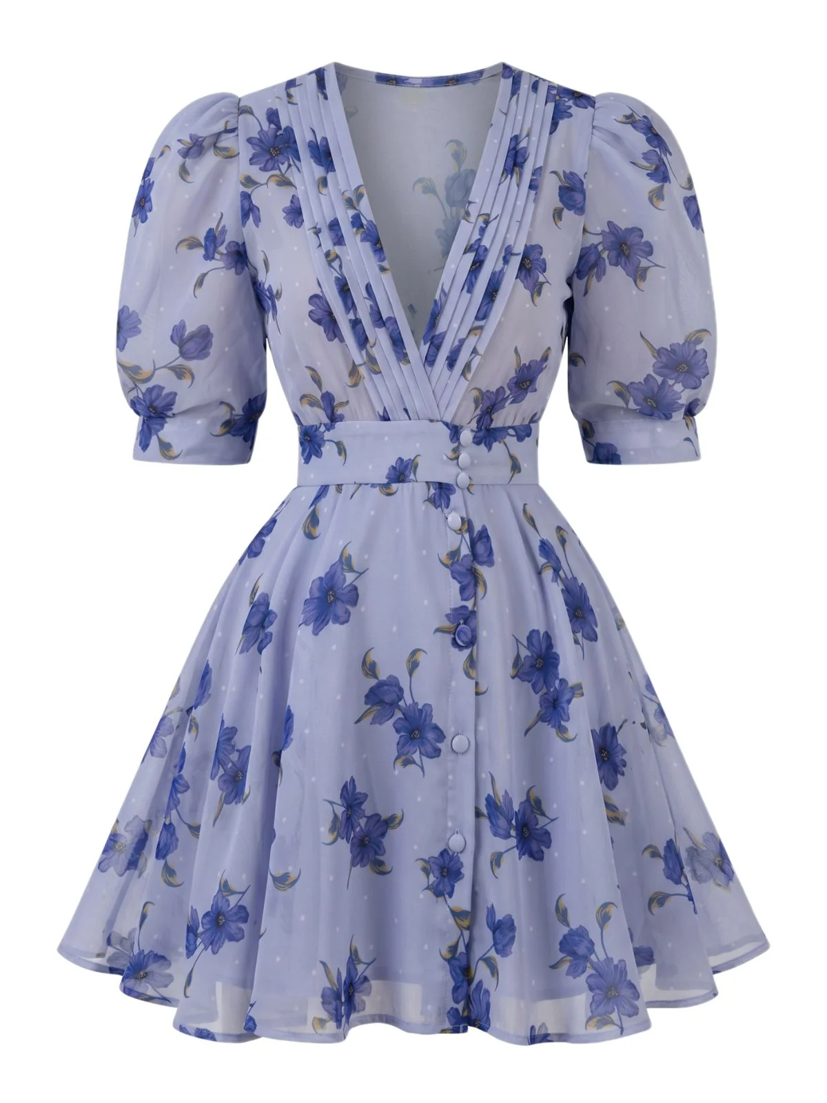 Robe bleue col V manches bouffantes taille haute et motif floral années 1950