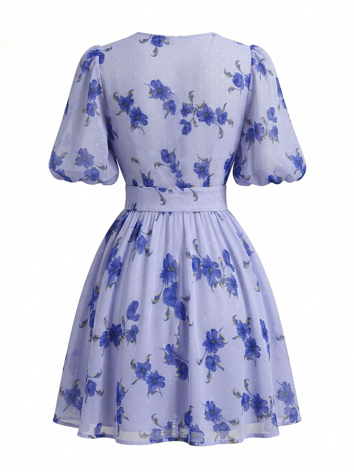 Robe bleue col V manches bouffantes taille haute et motif floral années 1950 - Image 3