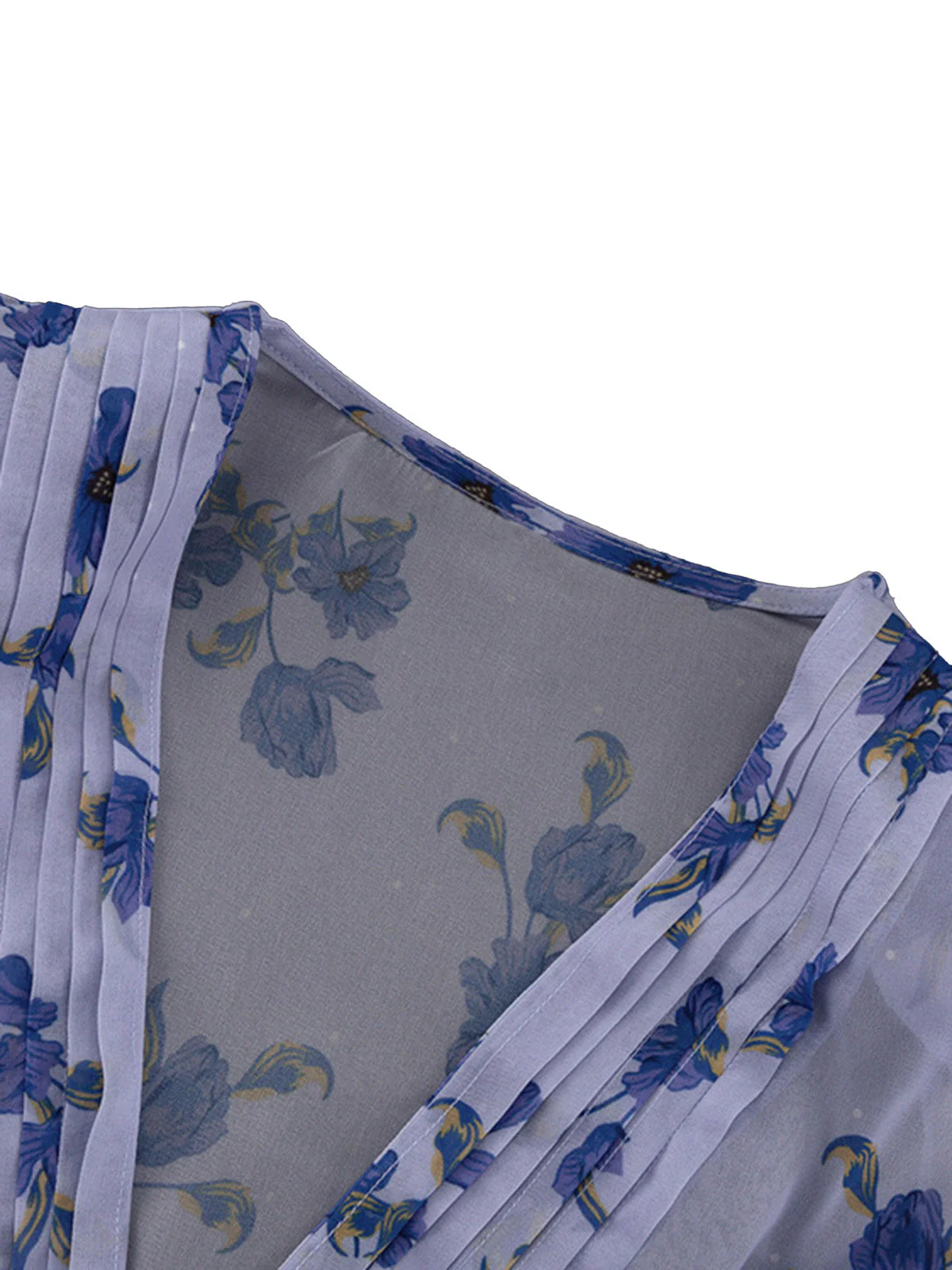 Robe bleue col V manches bouffantes taille haute et motif floral années 1950 - Image 4