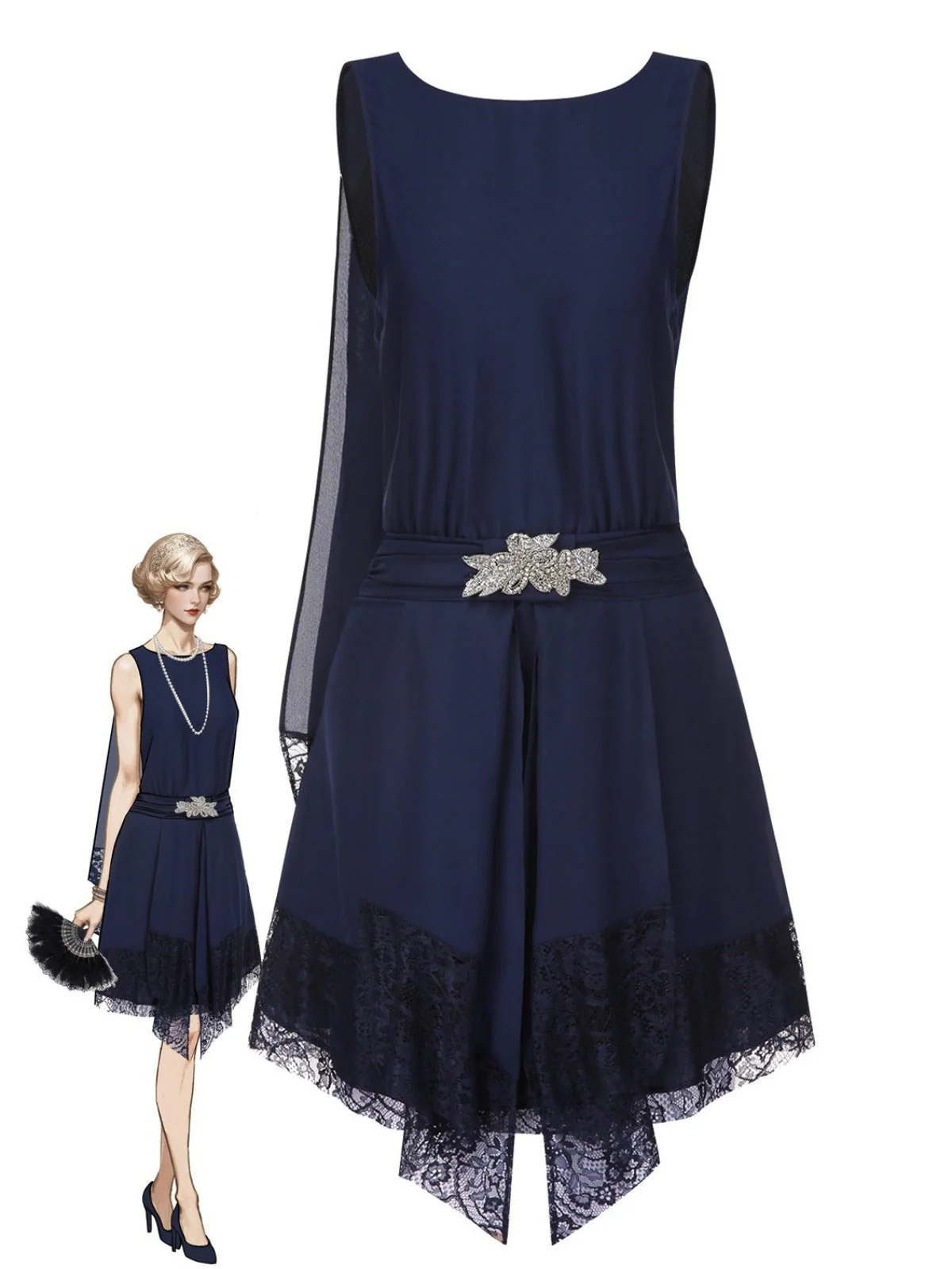 Robe bleue en dentelle patchwork et strass années 1920