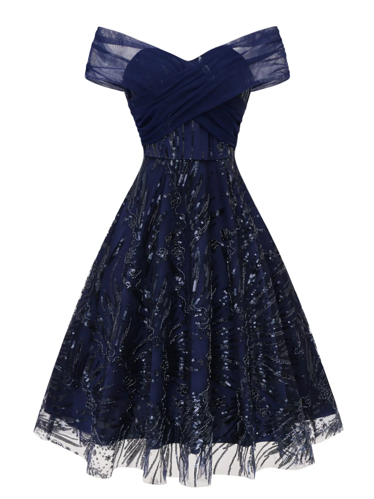 Robe bleue à fleurs brodée de paillettes à épaules dénudées années 1950 - Image 3