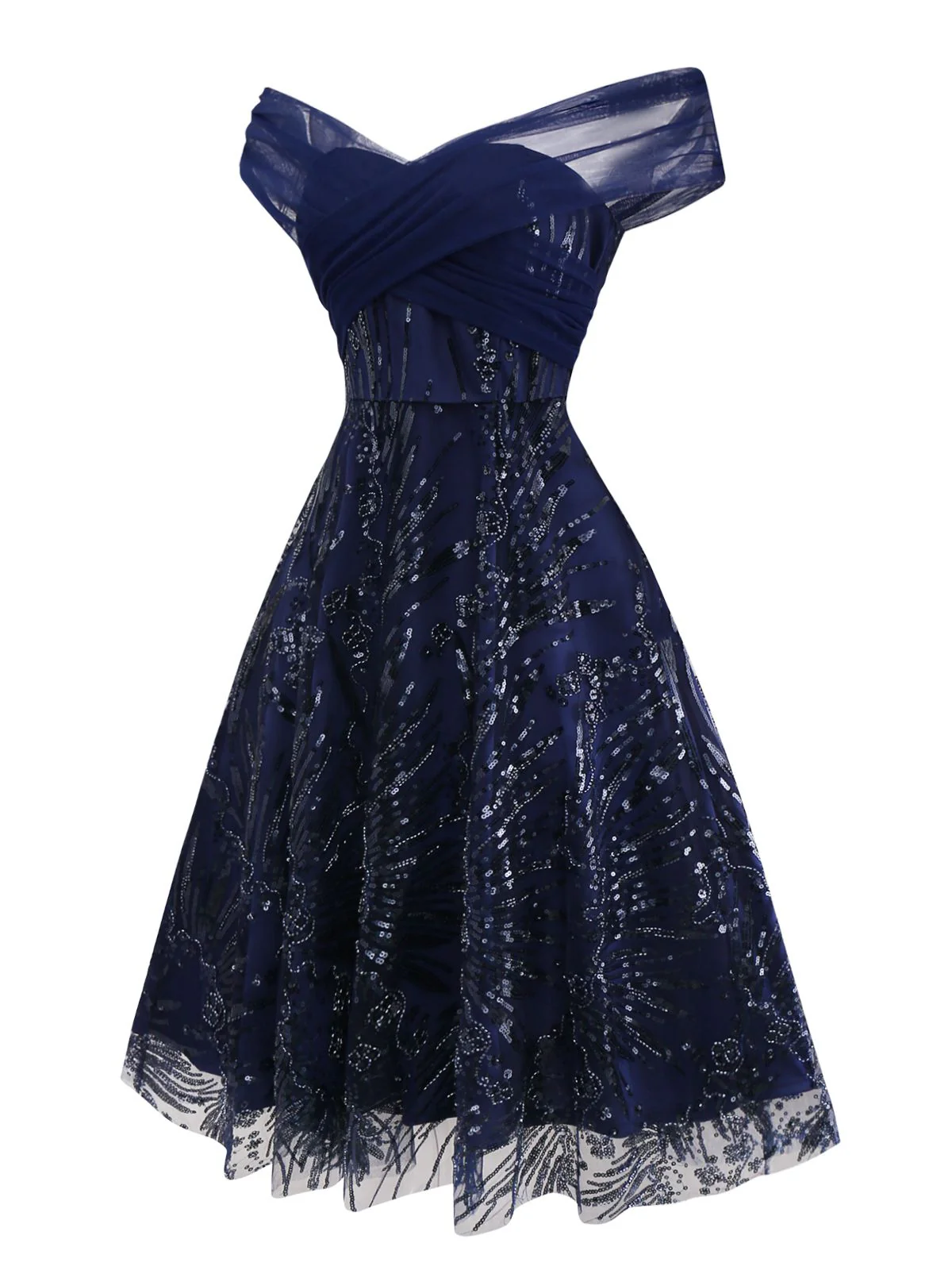 Robe bleue à fleurs brodée de paillettes à épaules dénudées années 1950 - Image 4