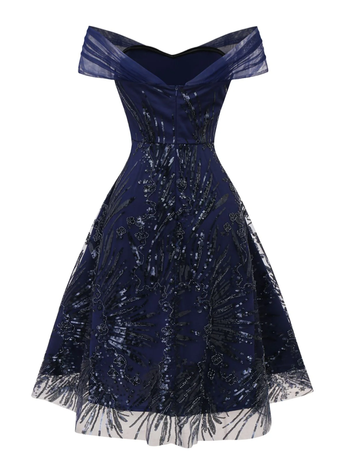 Robe bleue à fleurs brodée de paillettes à épaules dénudées années 1950 - Image 5