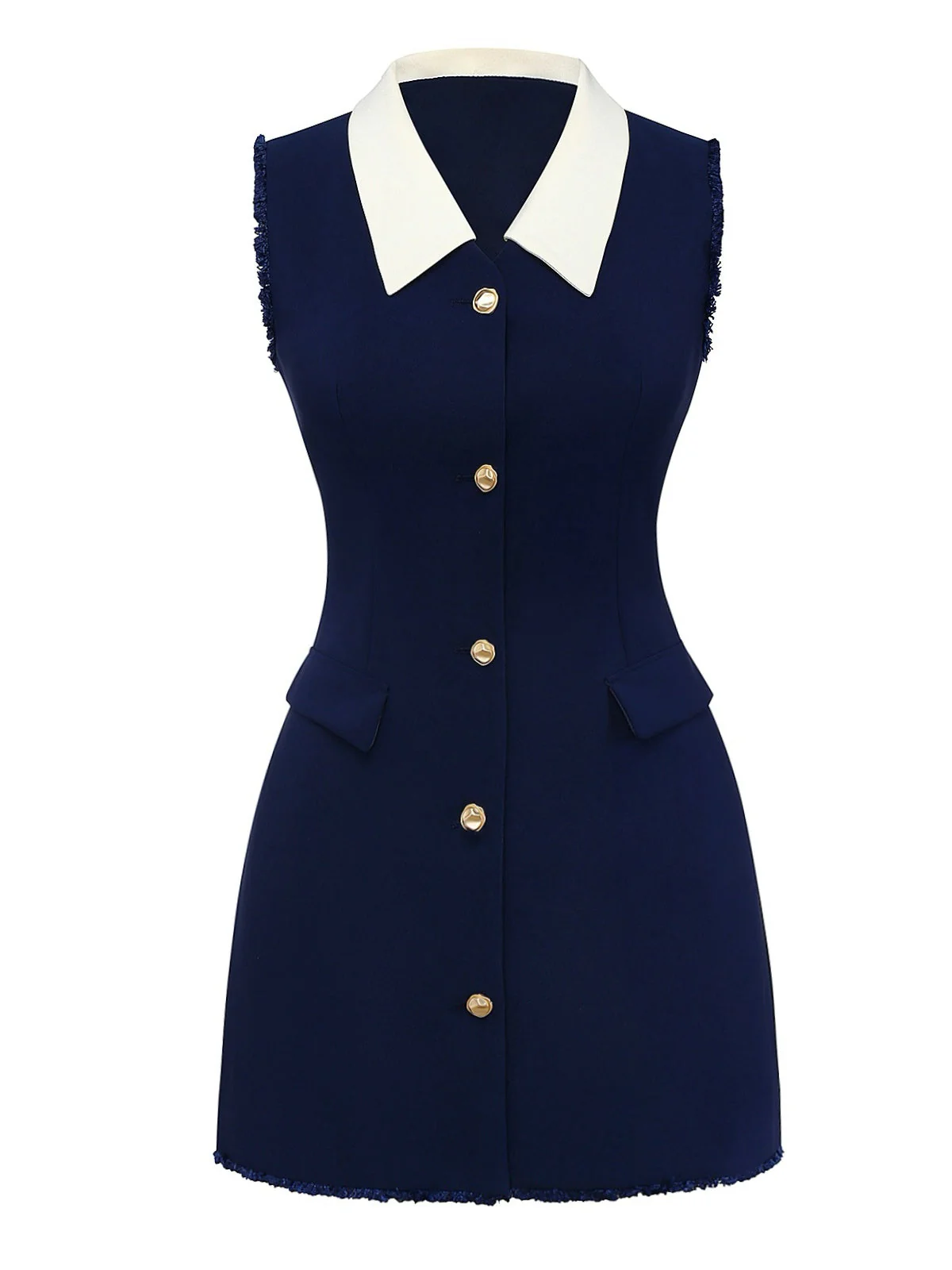 Robe bleue foncé à boutons et poignets bruts années 1960
