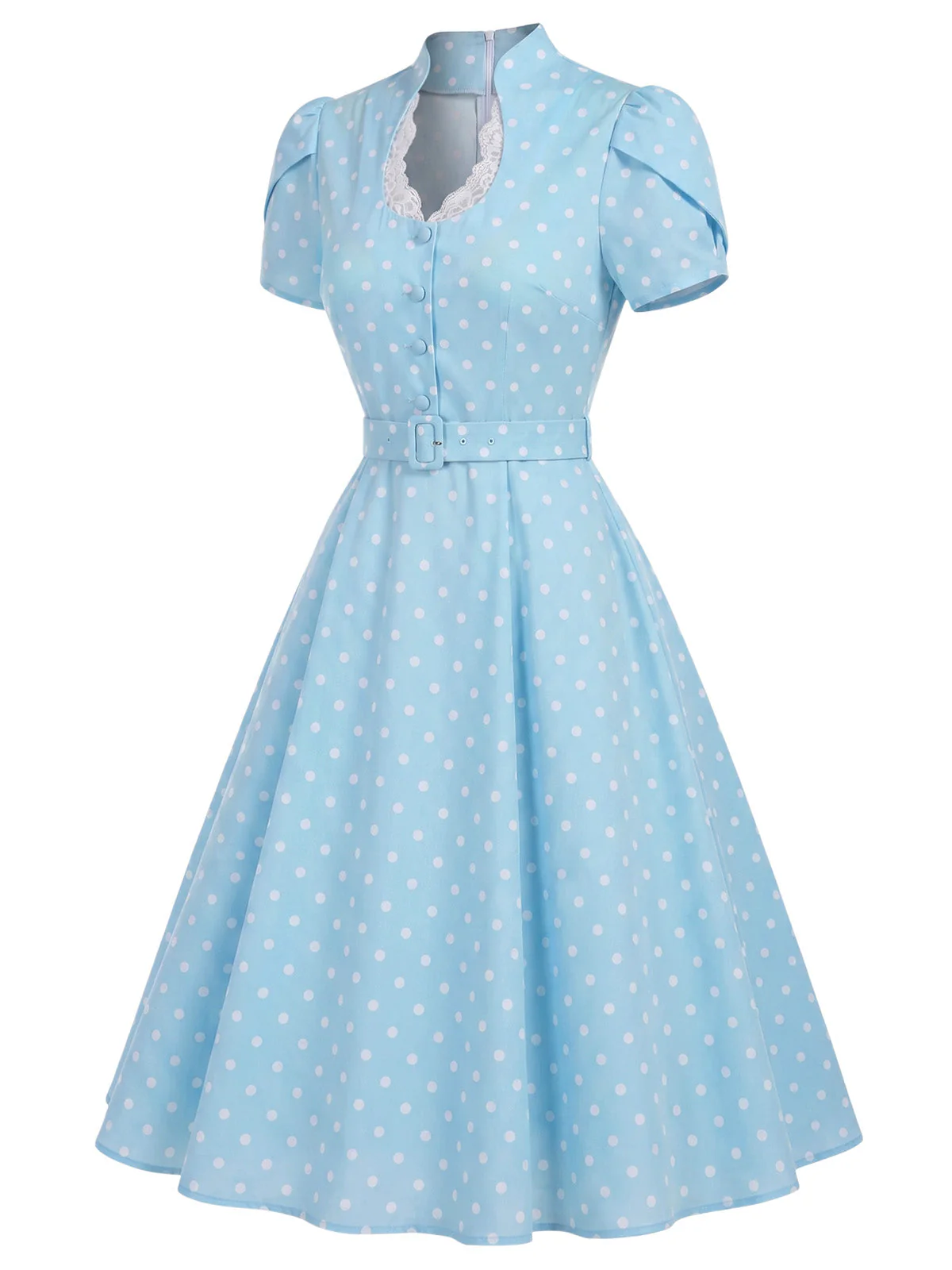 [Prévente] Robe bleue pois manches tulipe et décolleté goutte d'eau années 50 - Image 3