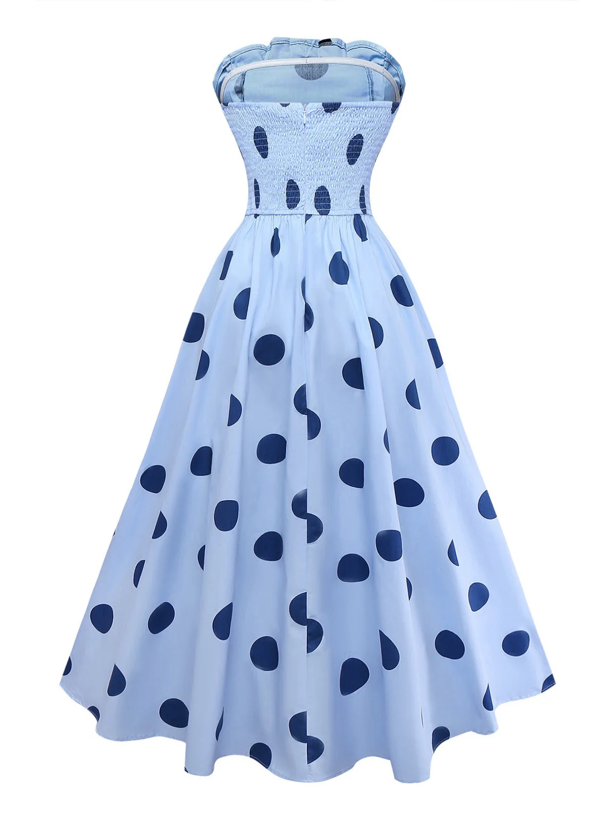 Robe Bleue Pois Sans Bretelles Plissée Années 1940 - Image 3