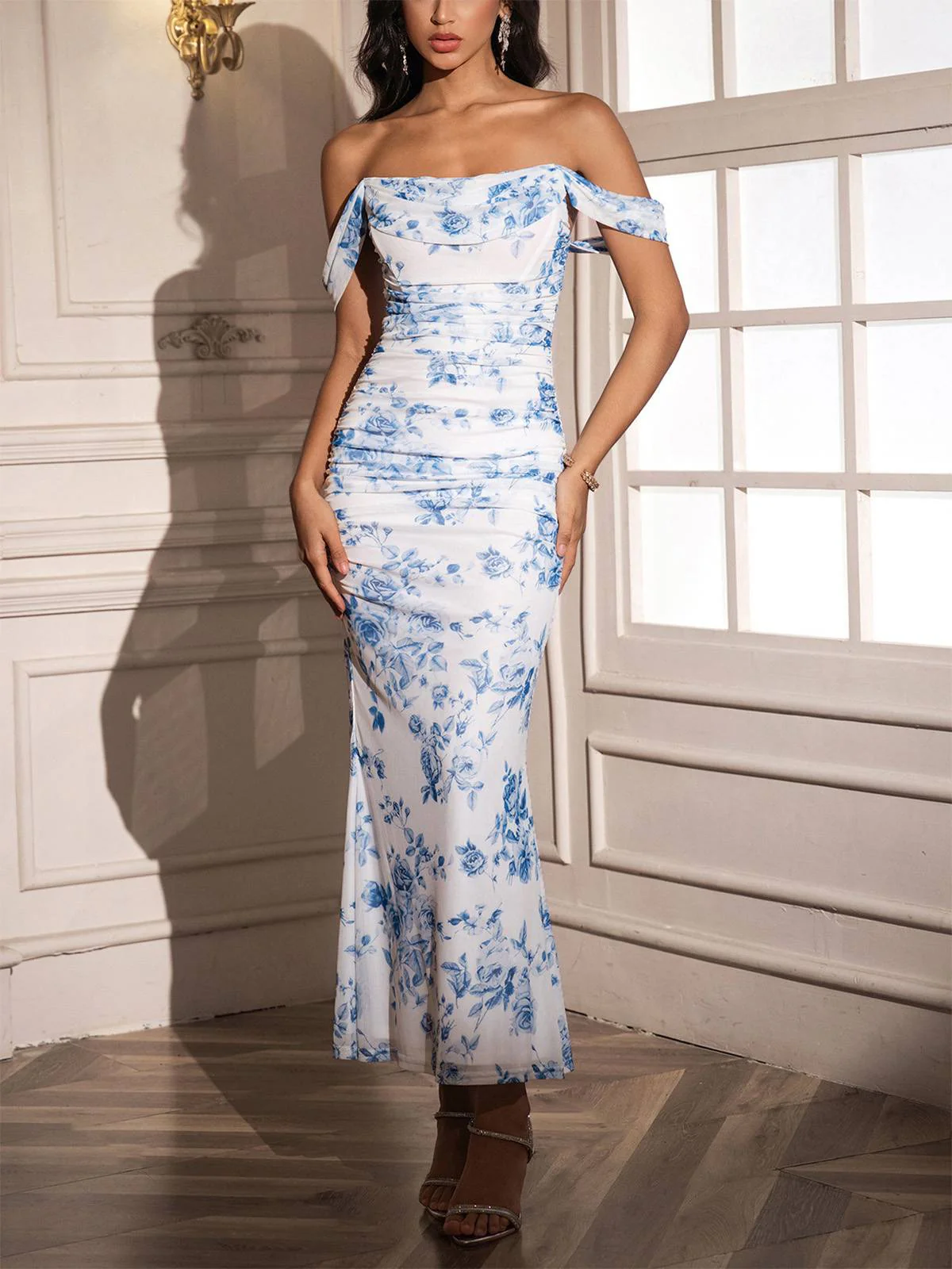 Robe Bodycon Épaules Dénudées Fleurs Maille Ruchée Années 80 - Image 11
