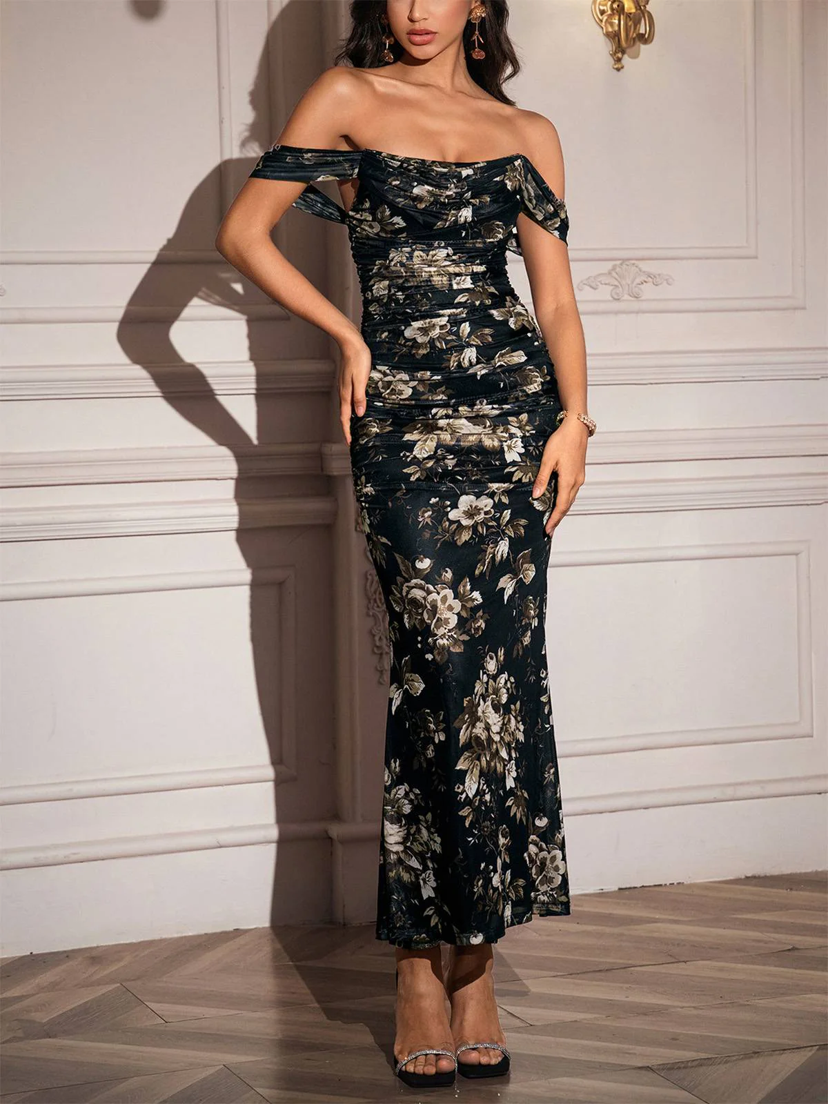 Robe Bodycon Épaules Dénudées Fleurs Maille Ruchée Années 80 - Image 6
