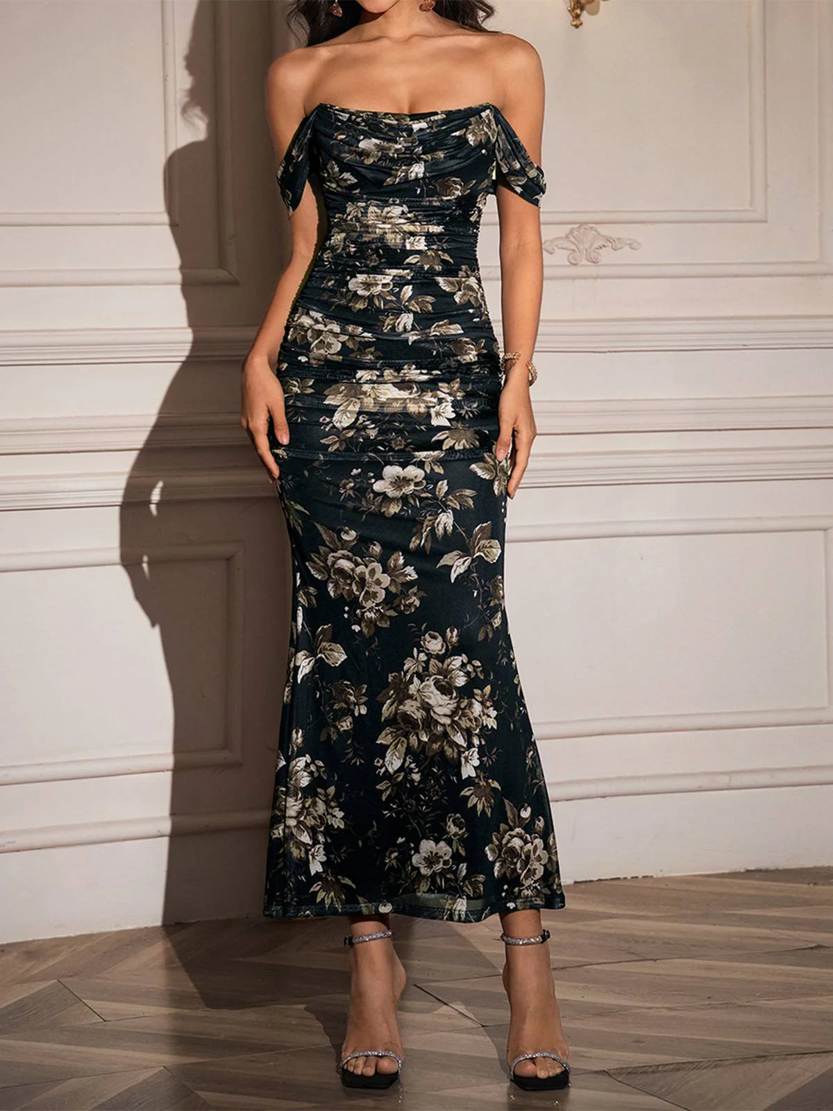 Robe Bodycon Épaules Dénudées Fleurs Maille Ruchée Années 80 - Image 7