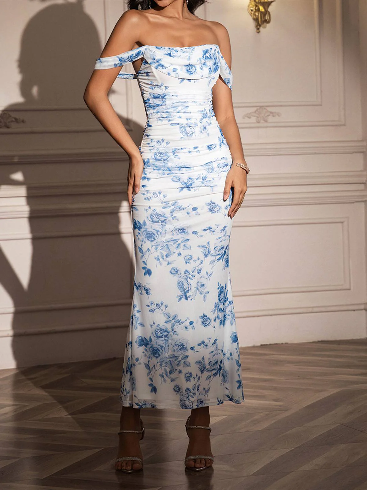 Robe Bodycon Épaules Dénudées Fleurs Maille Ruchée Années 80 - Image 9