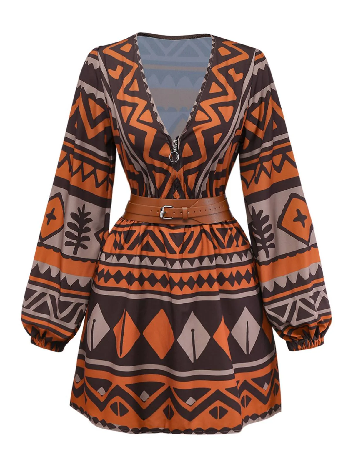 Robe bohème marron à imprimé tribal et décolleté en V profond style années 1970 - Image 2