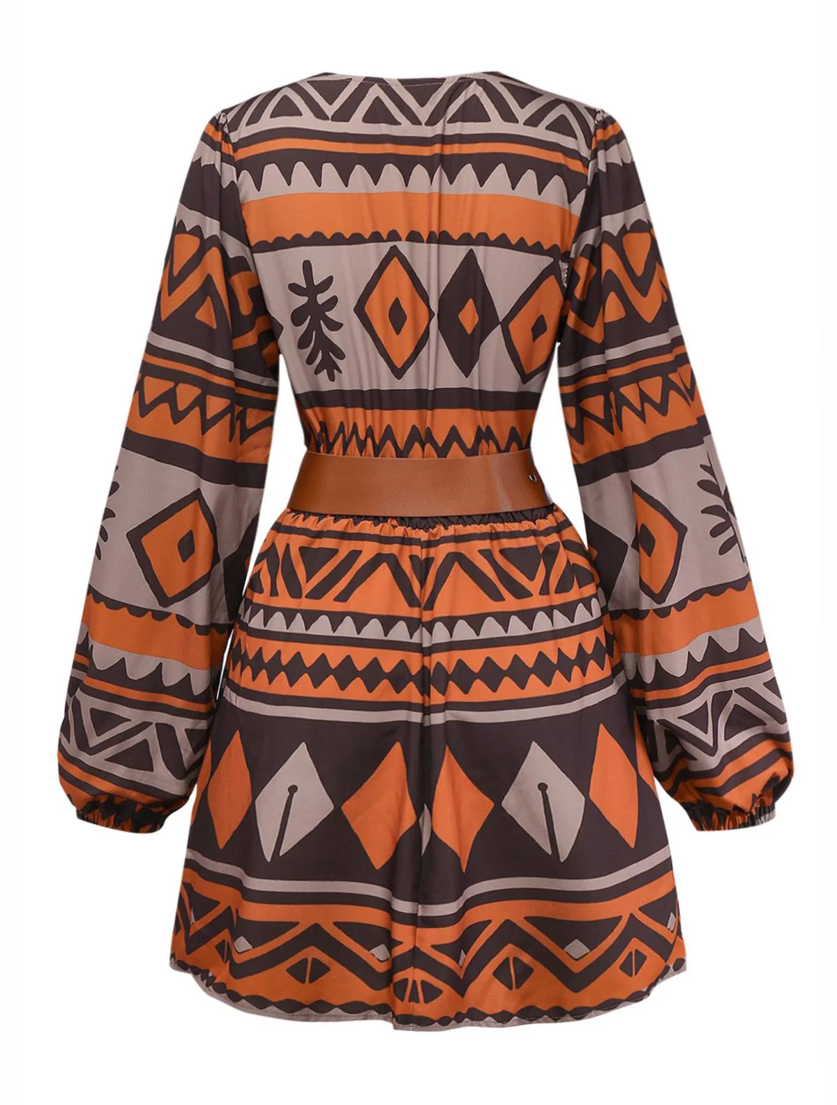 Robe bohème marron à imprimé tribal et décolleté en V profond style années 1970 - Image 3