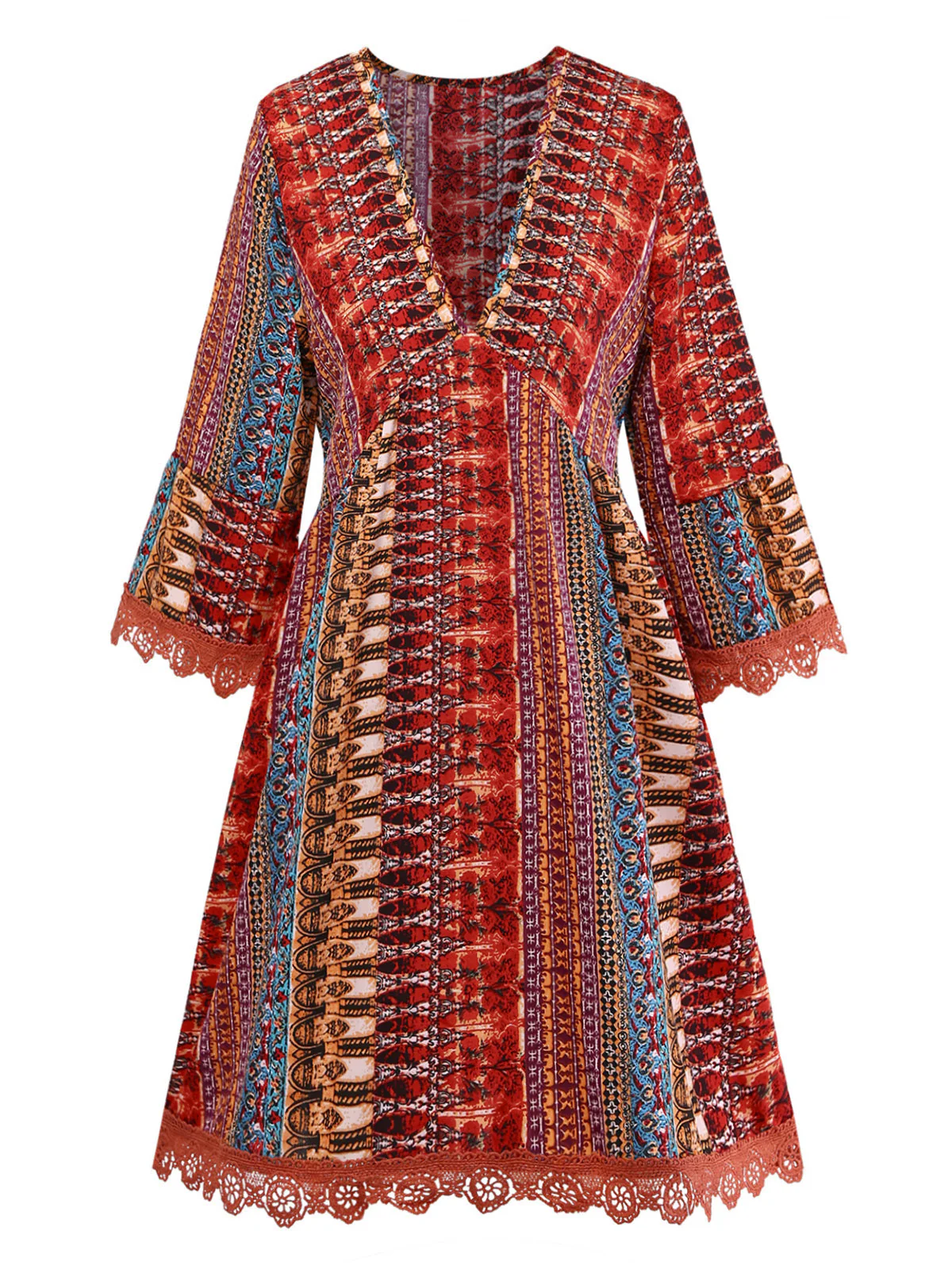 Robe bohème multicolore col V et manches volants années 1970