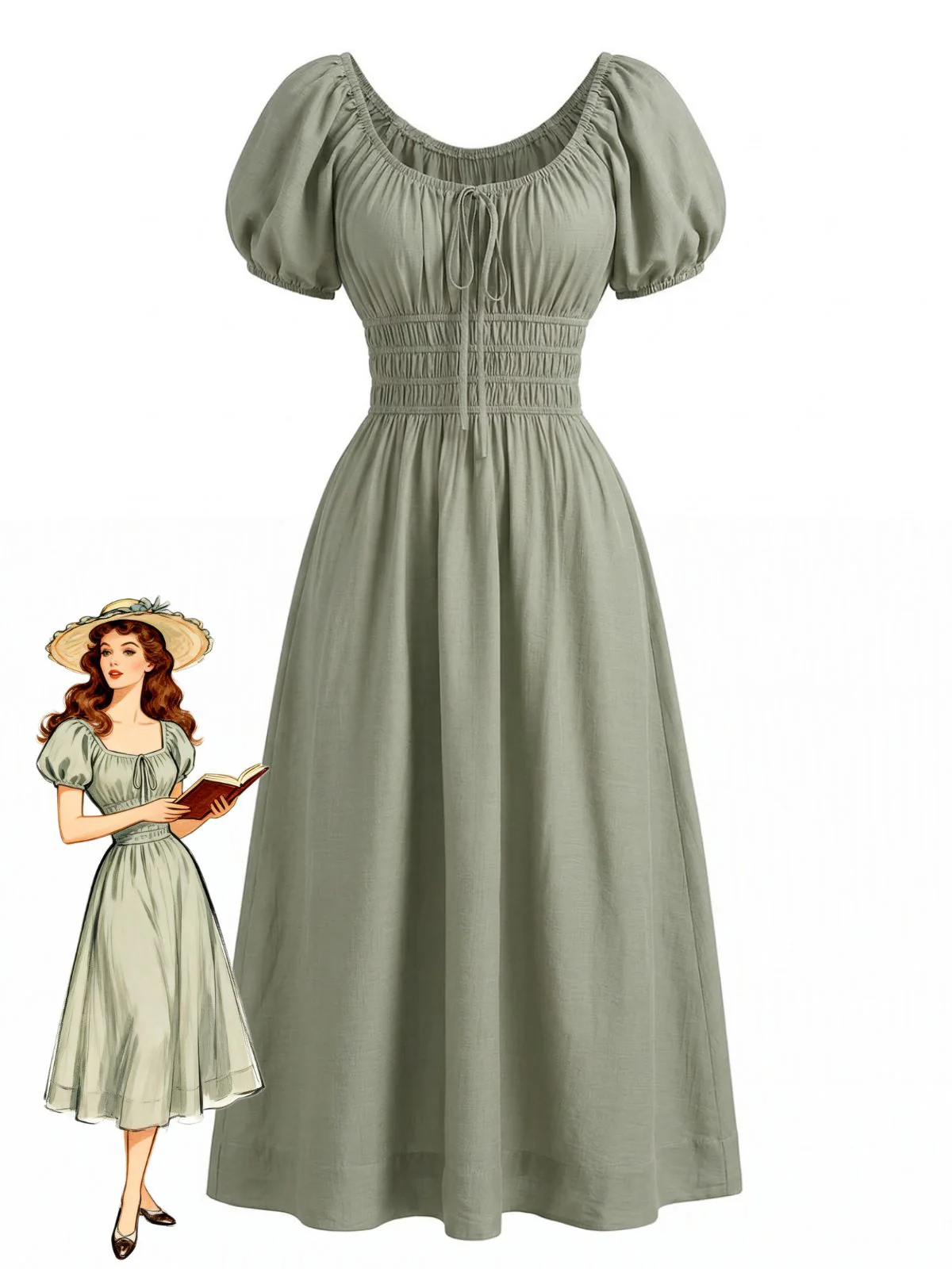 Robe bohème verte col carré à manches bouffantes années 70
