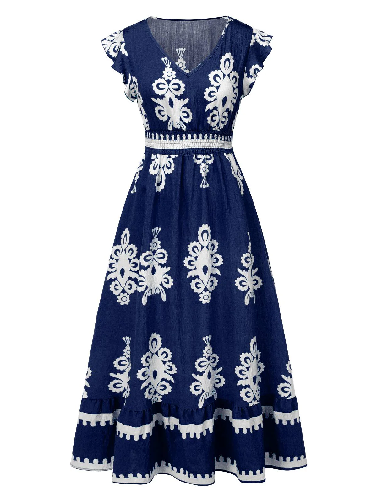 Robe bohémienne à col V motif tribal des années 1970
